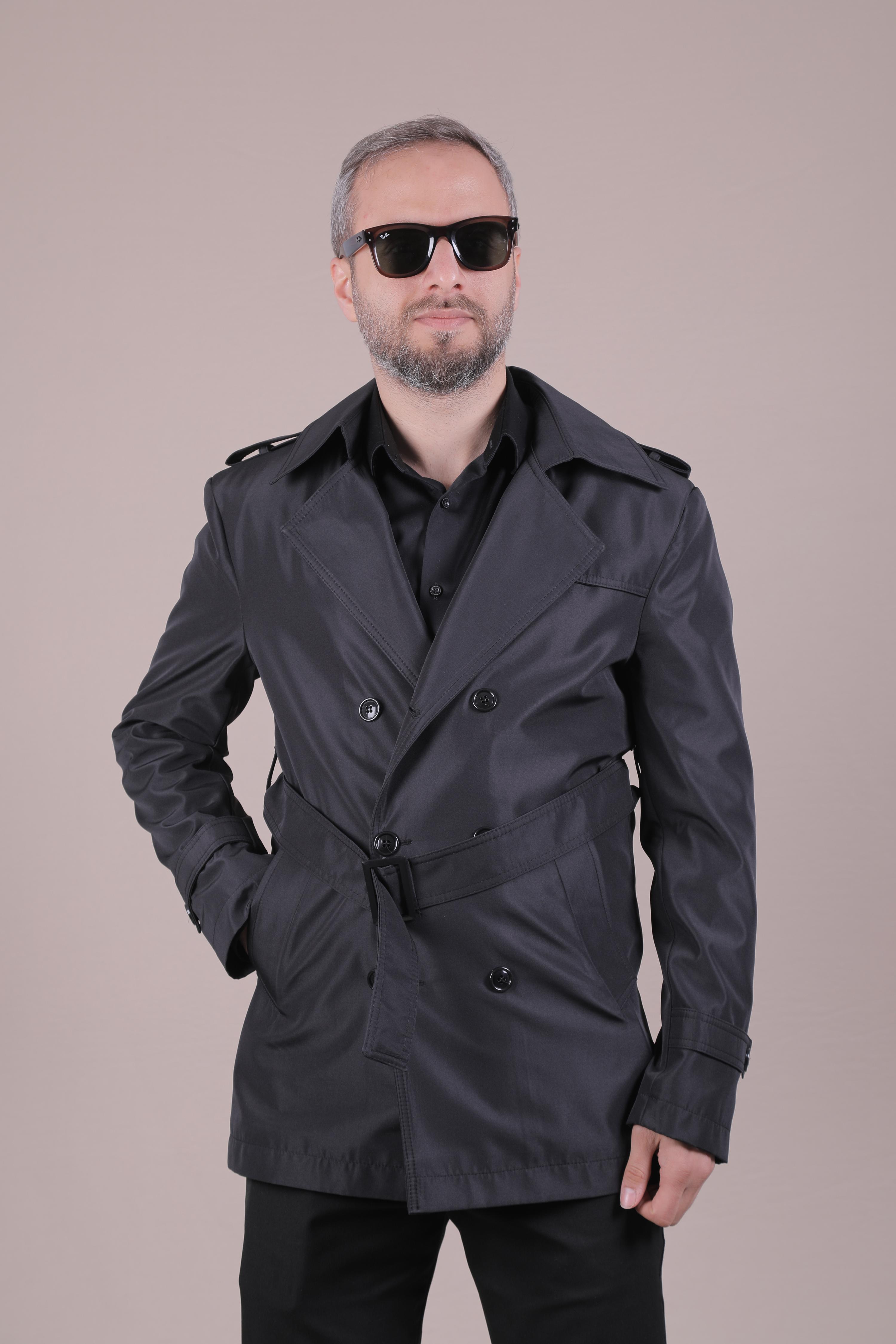 Slim Fit Kemerli Erkek Trençkot - Siyah