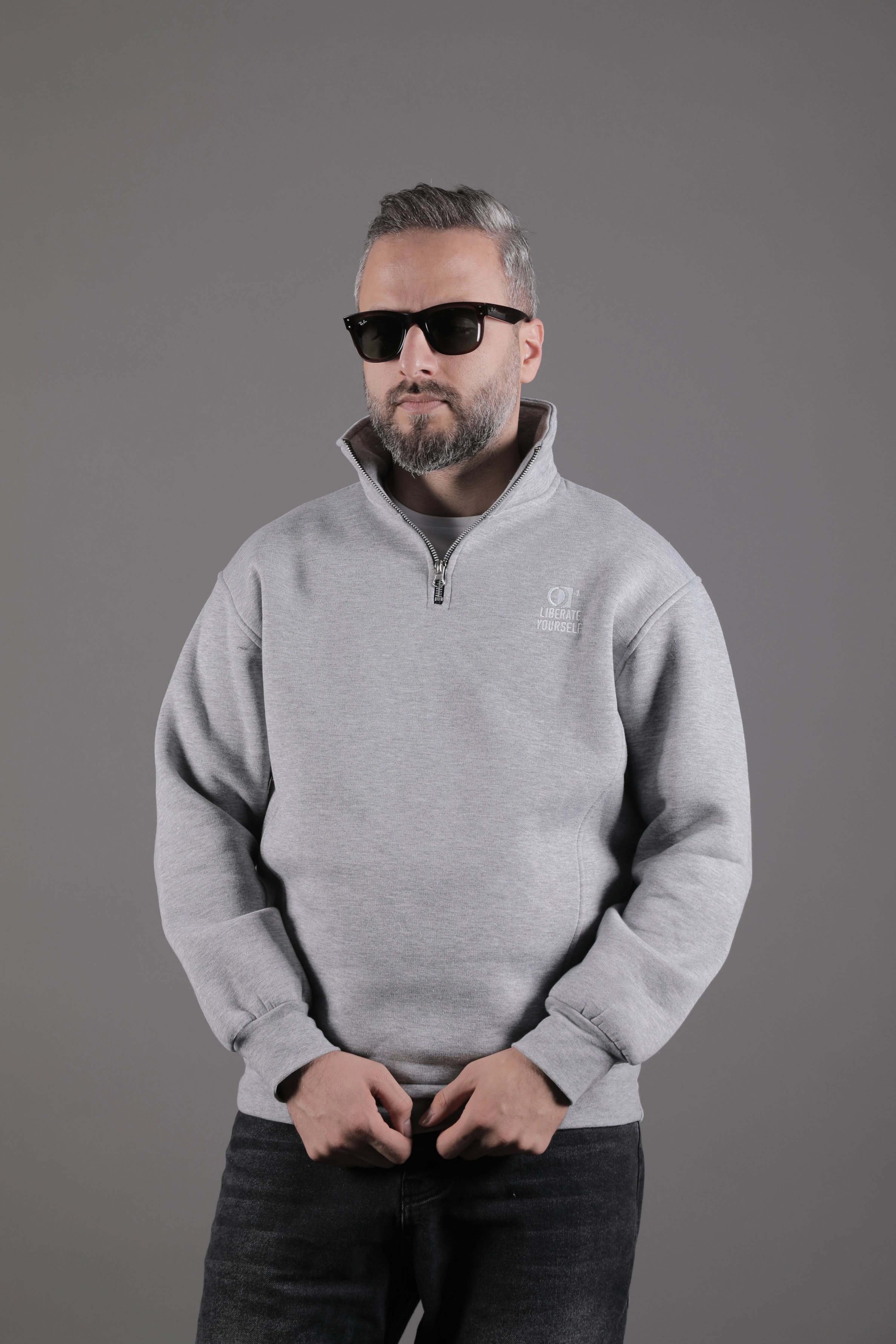 Dik Yakalı Parçalı Erkek Sweatshirt - Gri