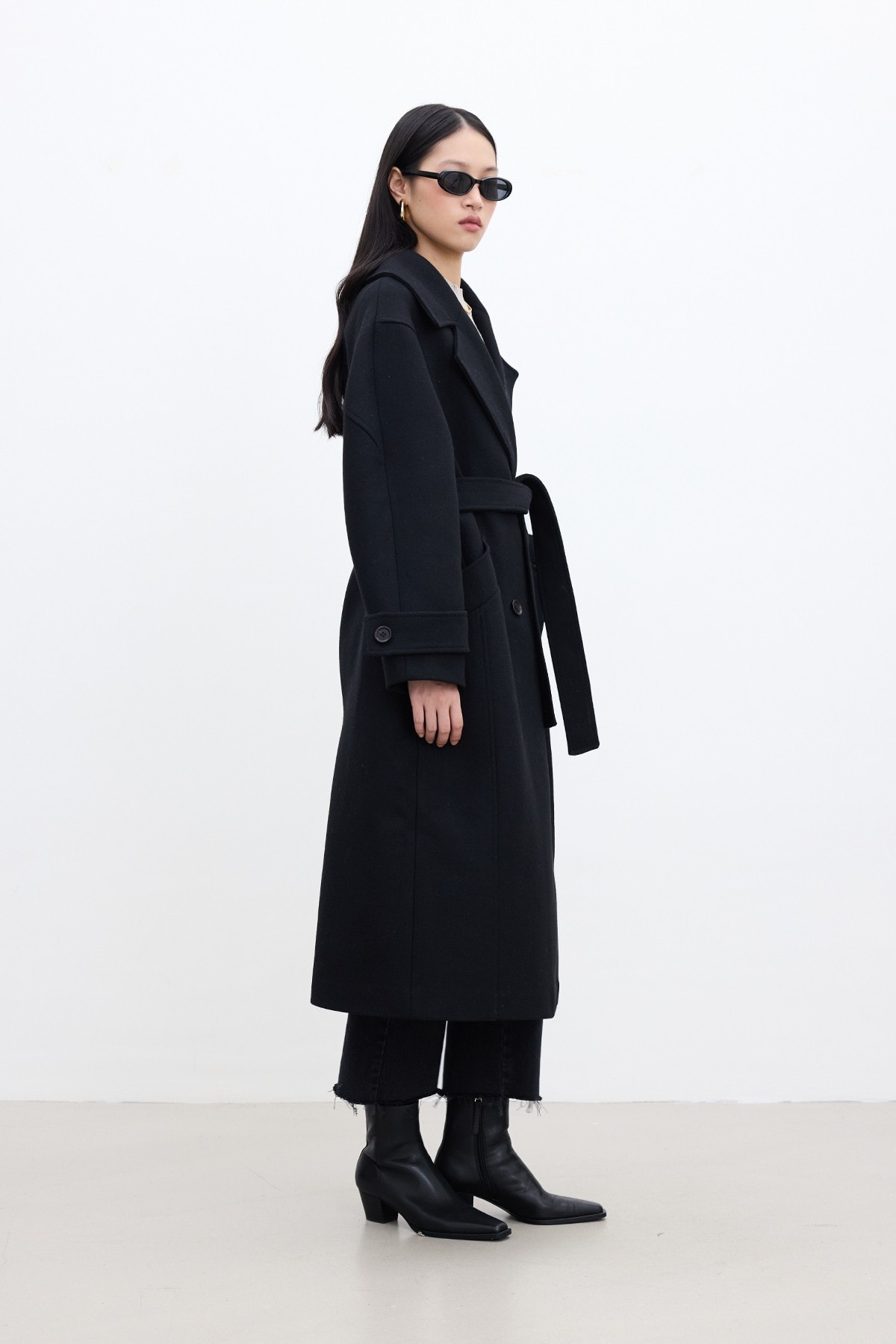 Kemerli Oversize Premium Kadın Kaşe Kaban - Siyah