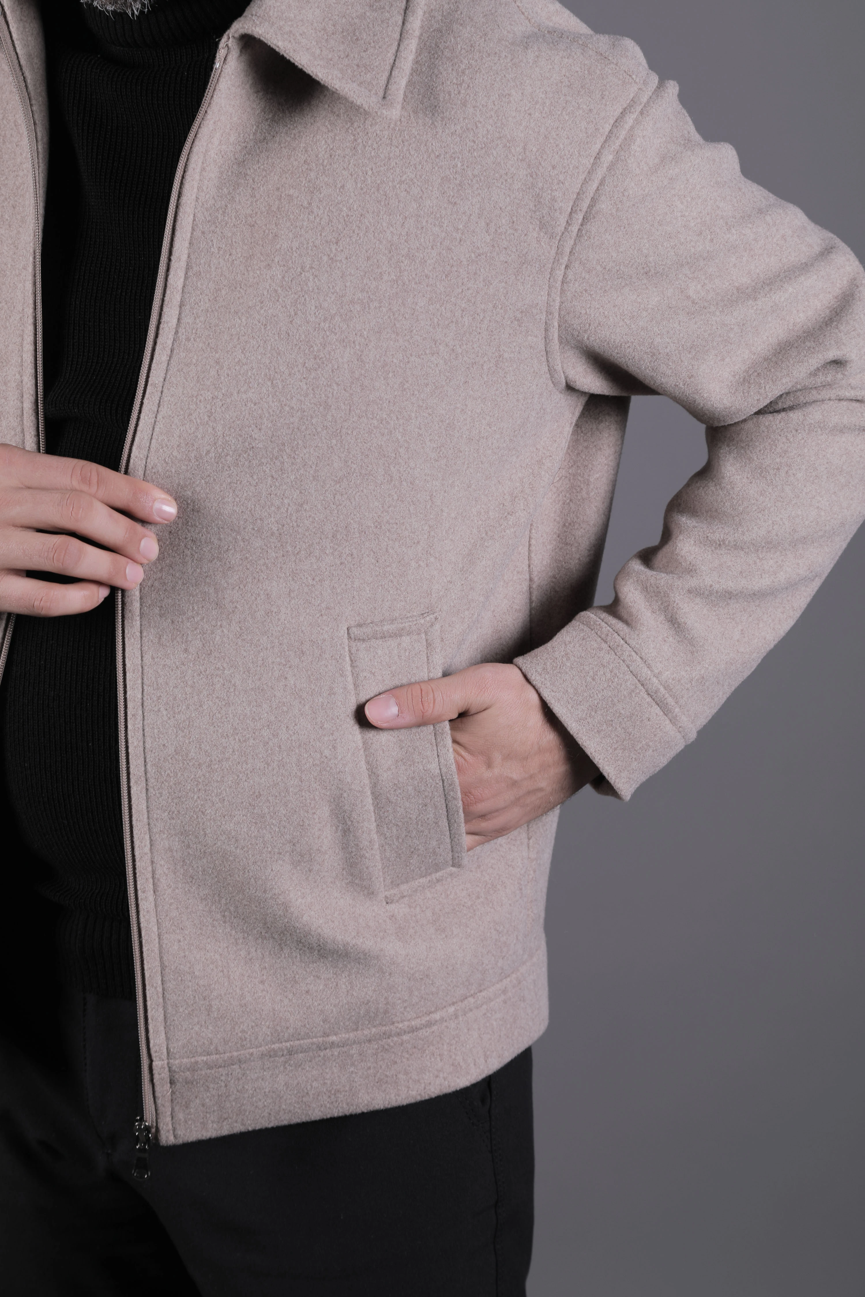 Düz Erkek Kaşe Ceket Mont - Vizon