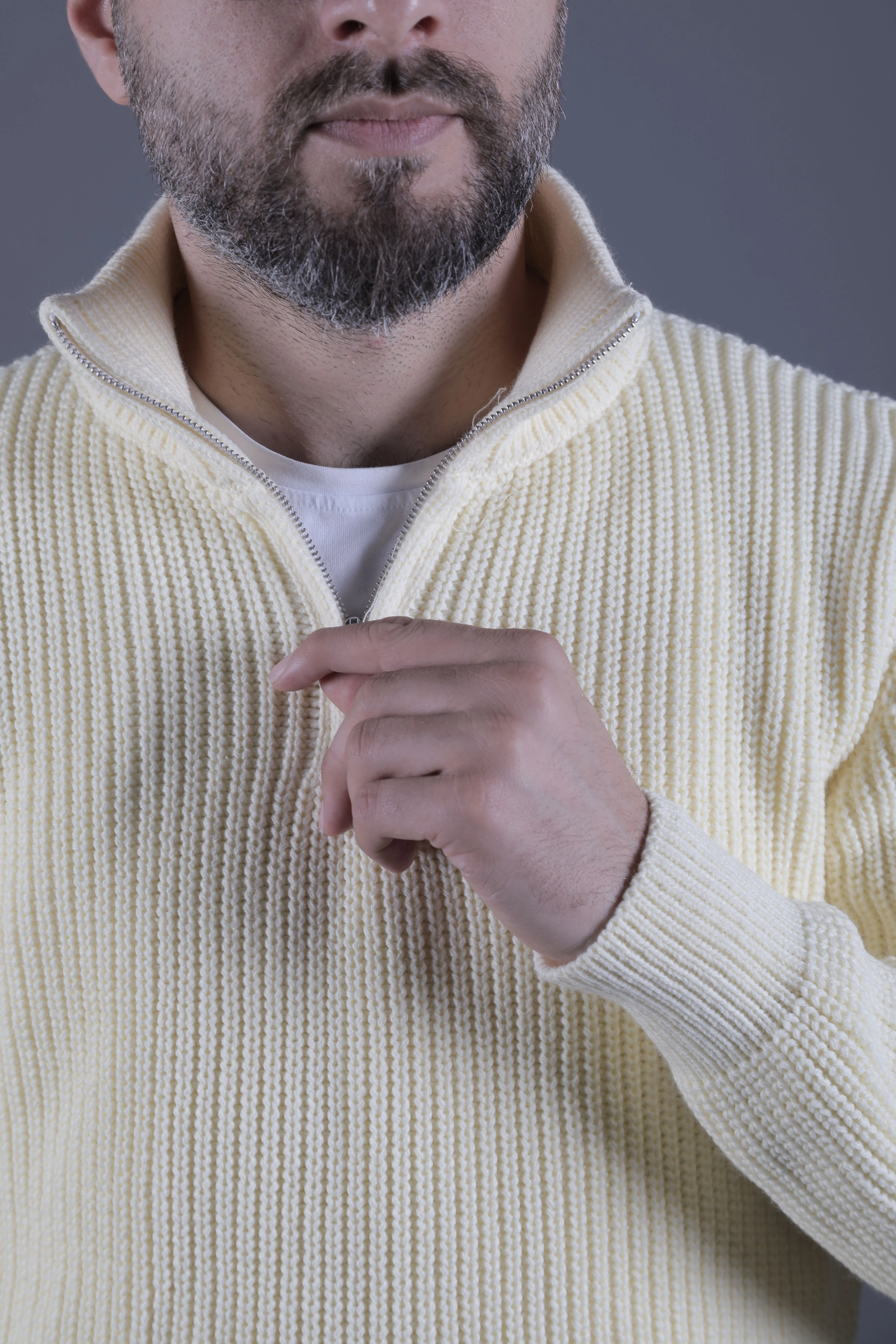 Yarım Fermuarlı Kalın Erkek Kazak - Bej