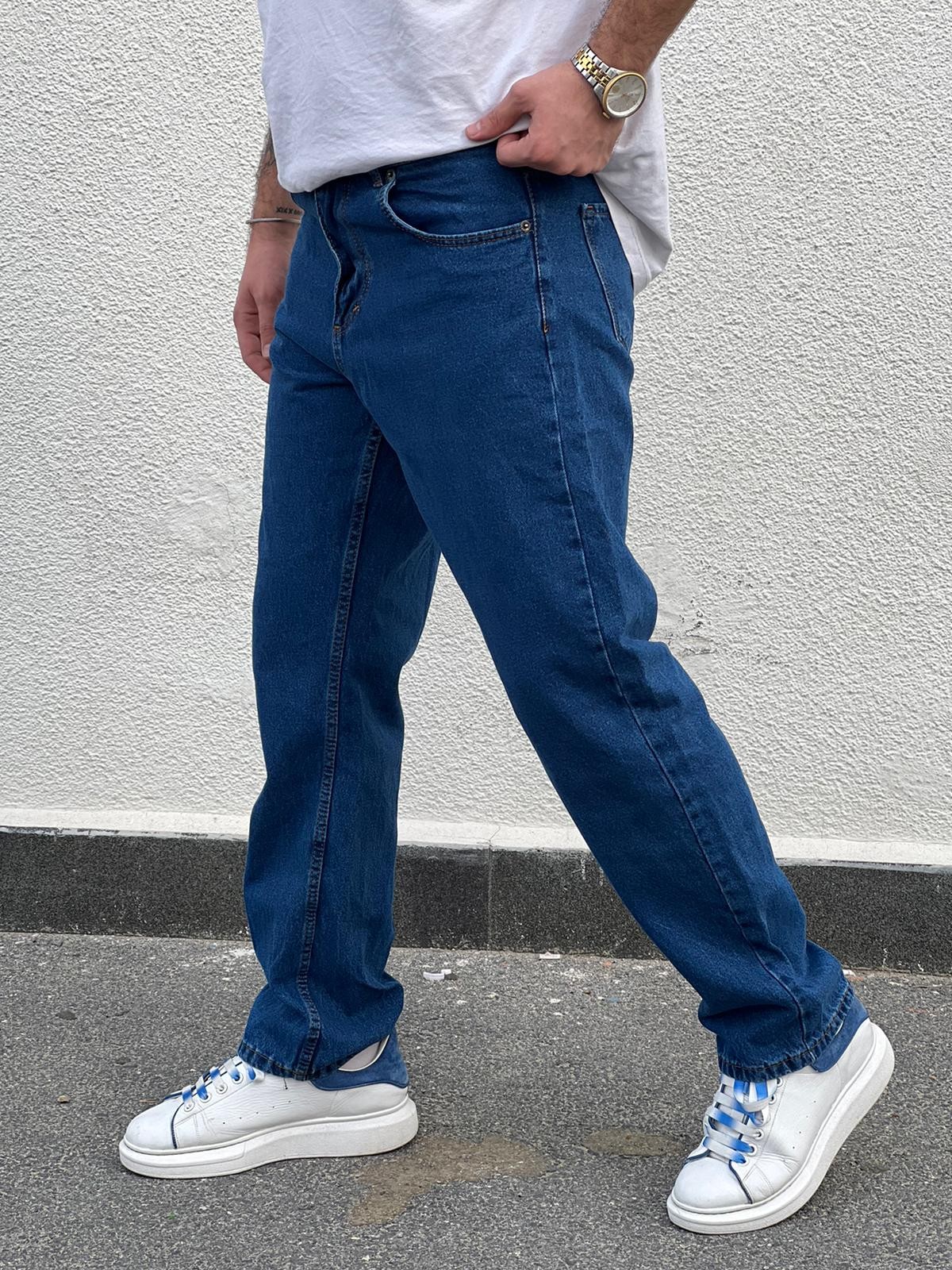 Erkek Baggy Fit Rahat Kesim Loose Jean Kot Pantolon - Mavi