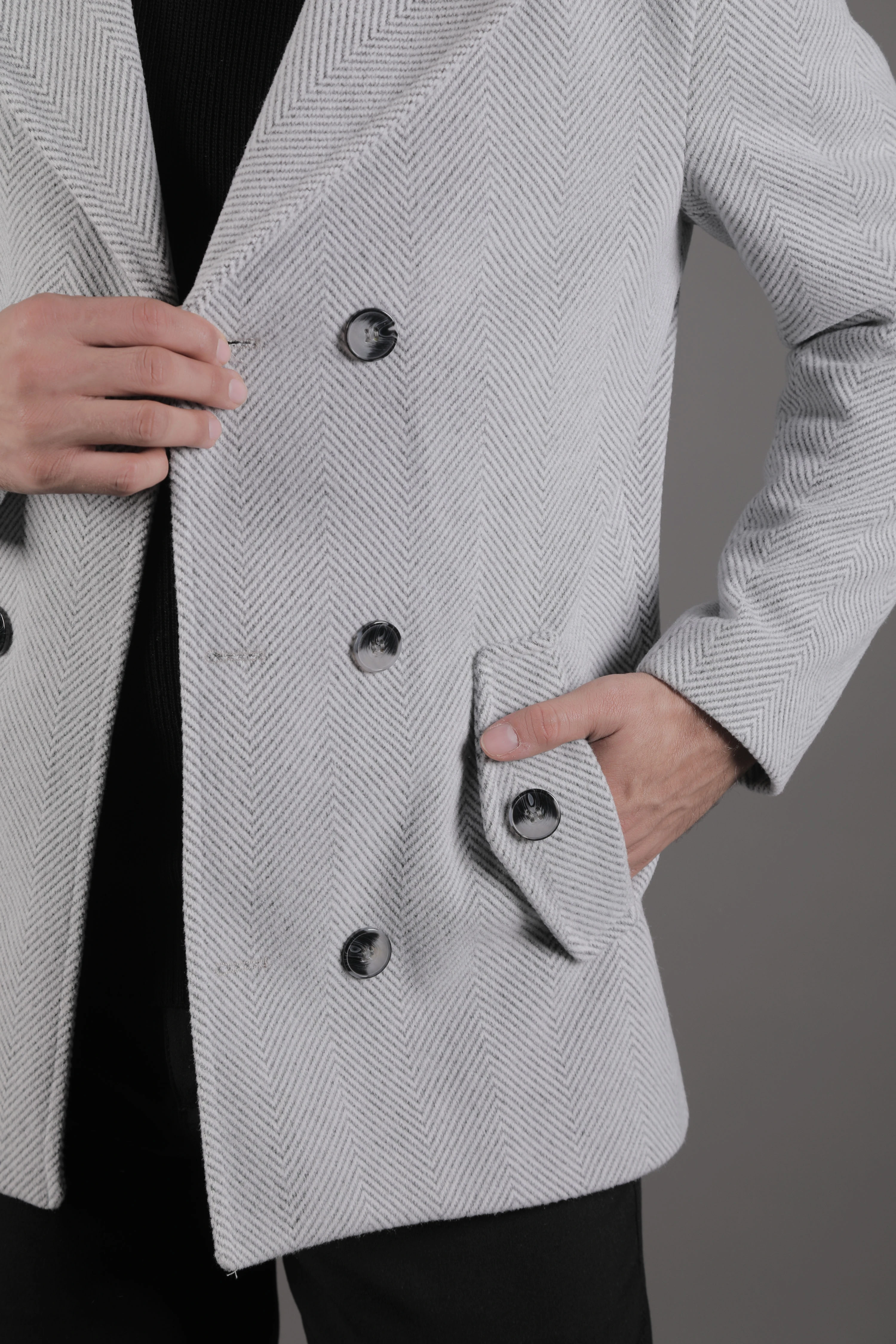 Desenli Kruvaze Erkek Kaşe Kaban - Açık Gri