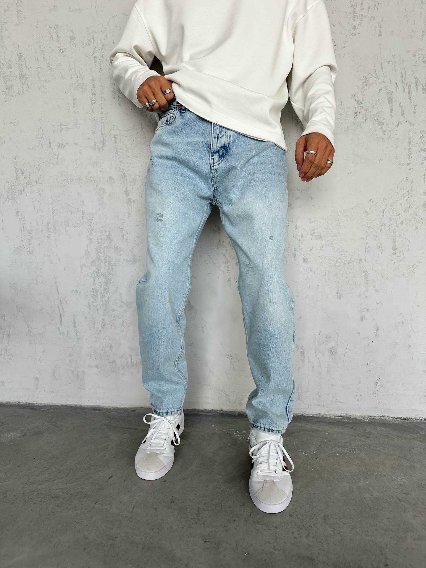 Lazer Detaylı Erkek Boyfriend Kot Pantolon - Buz Mavisi