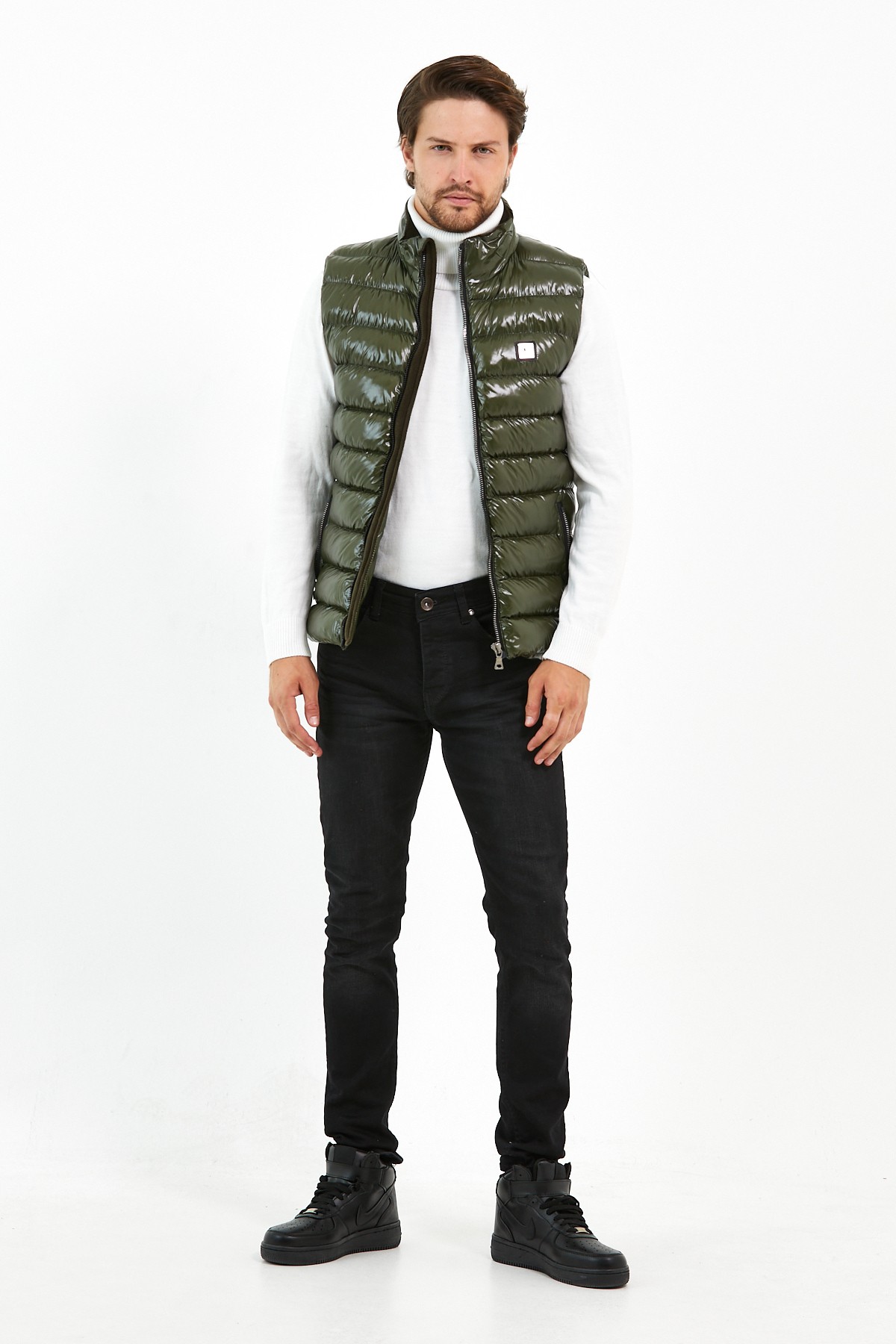 Slim Fit Parlak Şişme Yelek - Haki