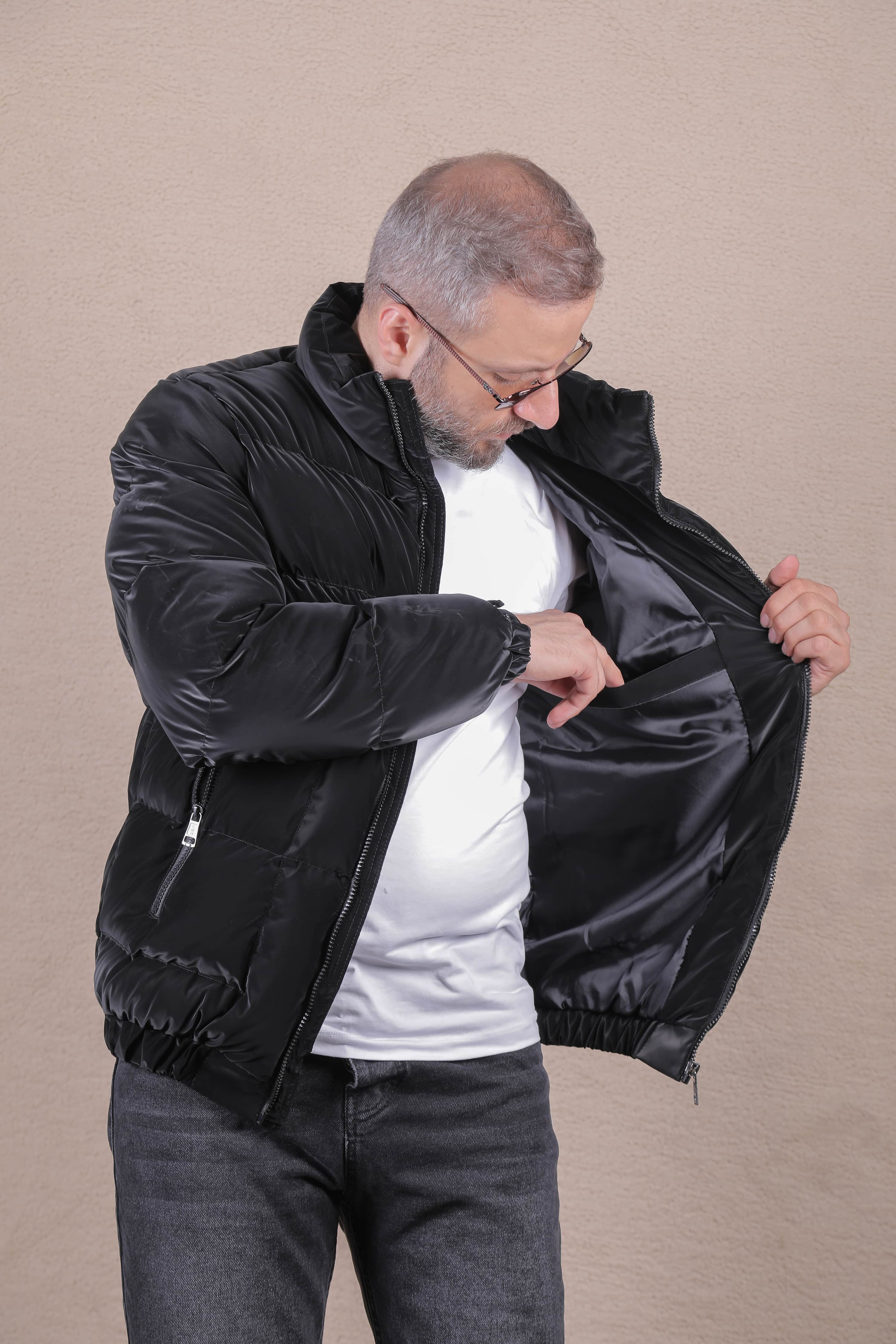 Dik Yaka Nova Soft Kumaş Erkek Şişme Mont - Siyah