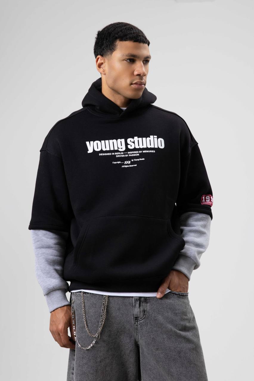 Kolu Parçalı Kapşonlu Sweatshirt Hoodie - Siyah
