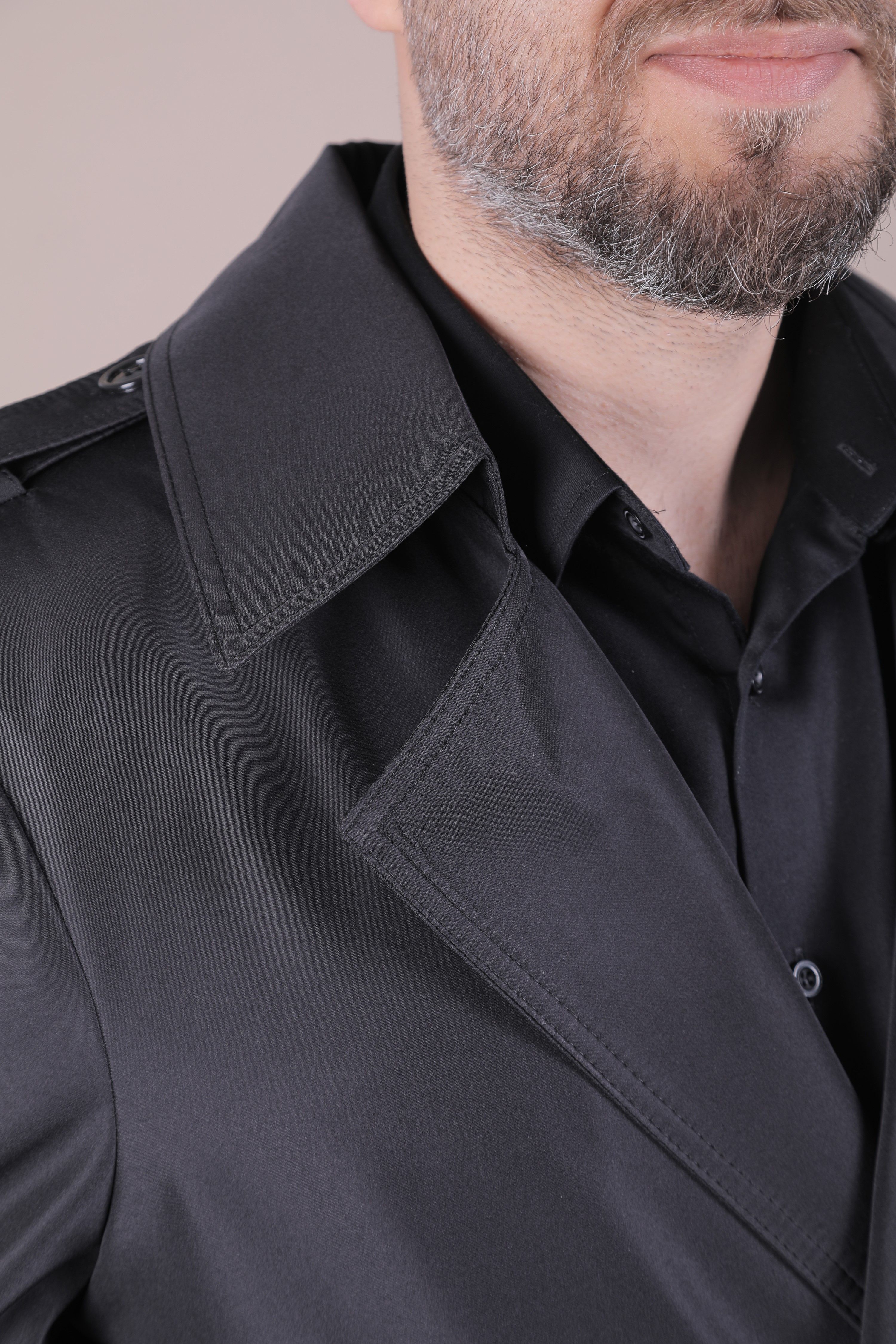 Slim Fit Kemerli Erkek Trençkot - Siyah