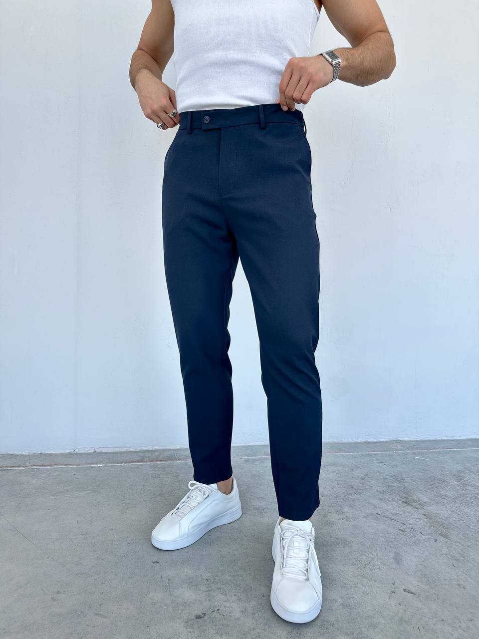 Slim Fit Likralı Erkek Keten Pantolon - Lacivert