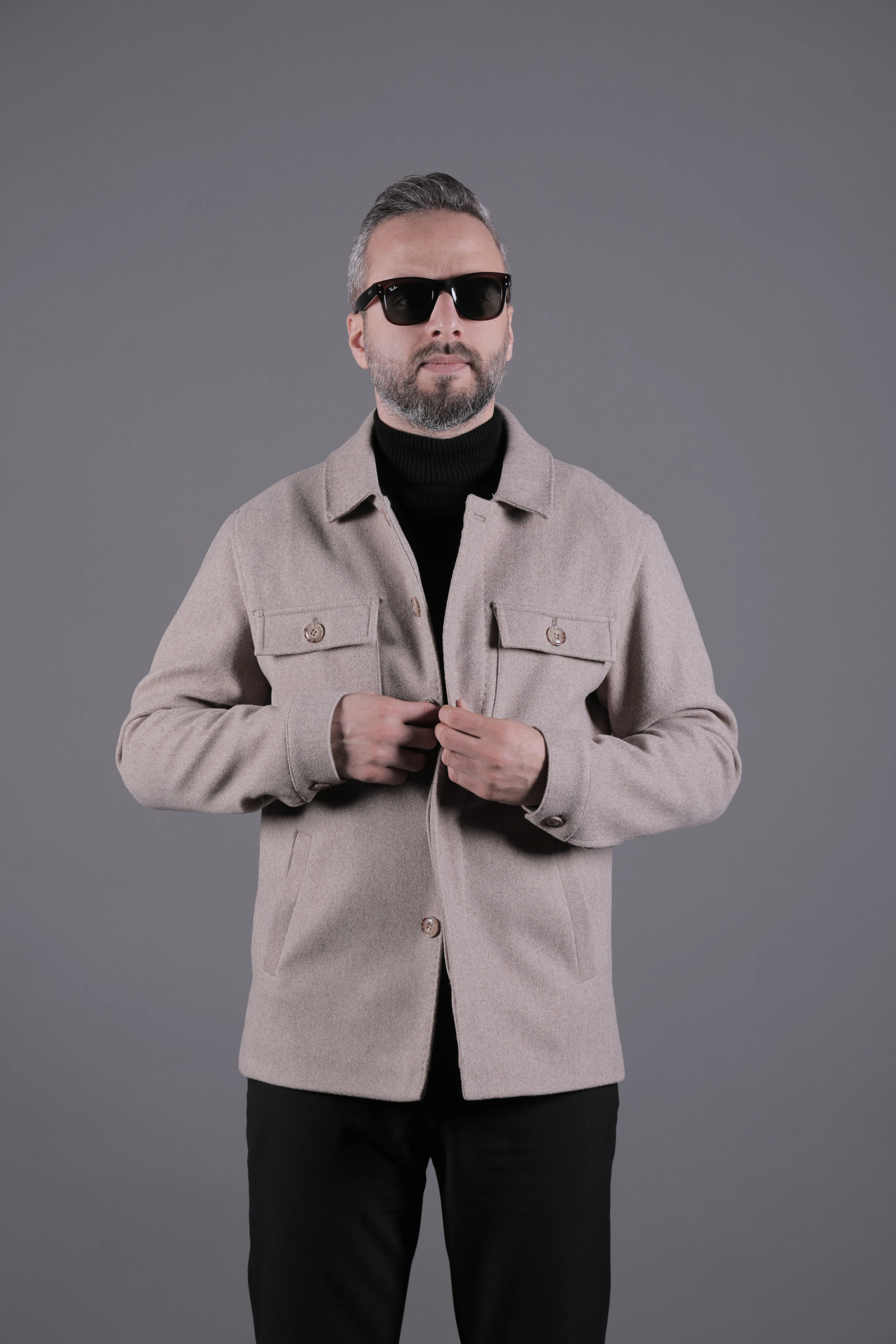 Dikiş Detaylı Erkek Kaşe Kaban Mont - Vizon