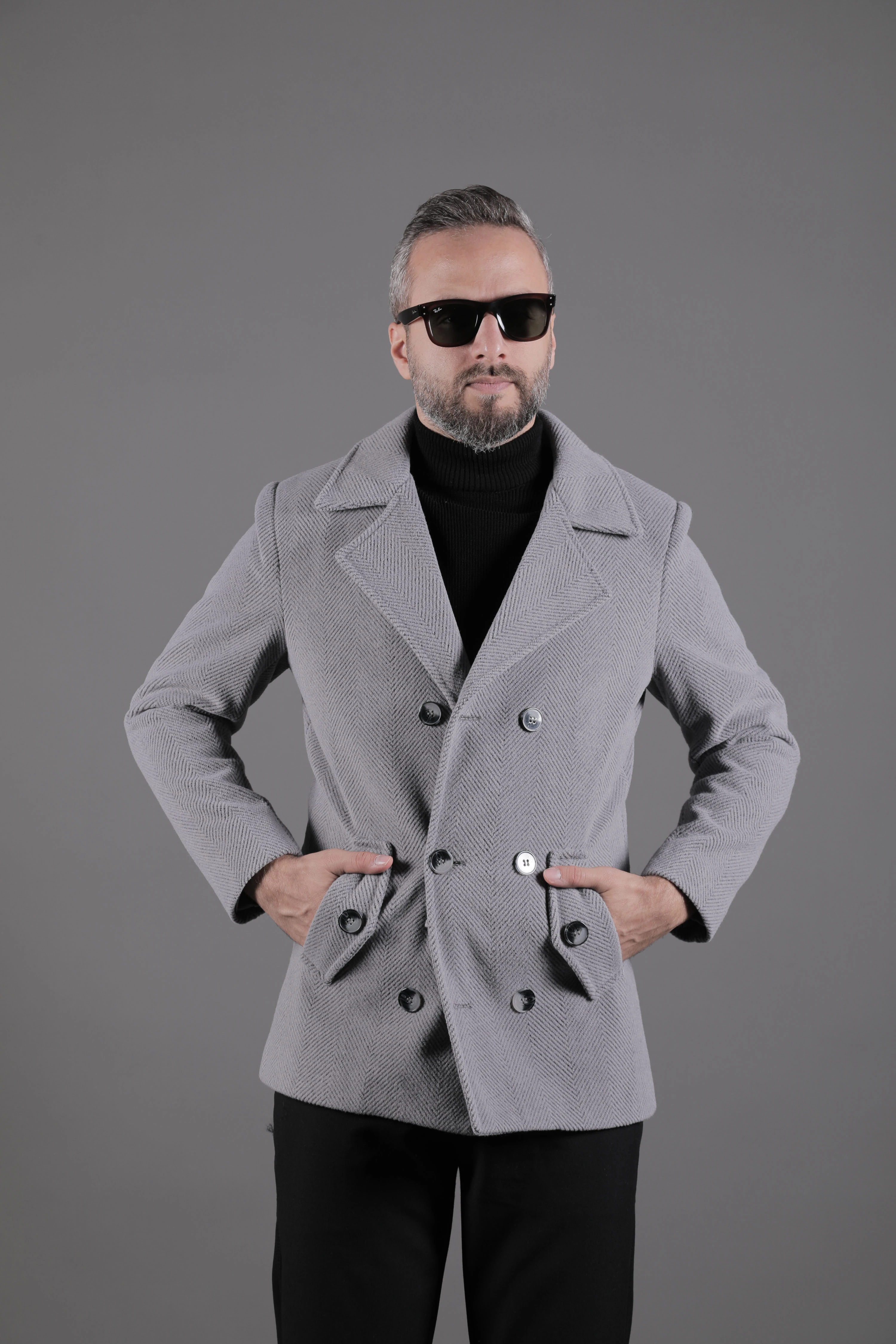 Desenli Kruvaze Erkek Kaşe Kaban - Koyu Gri