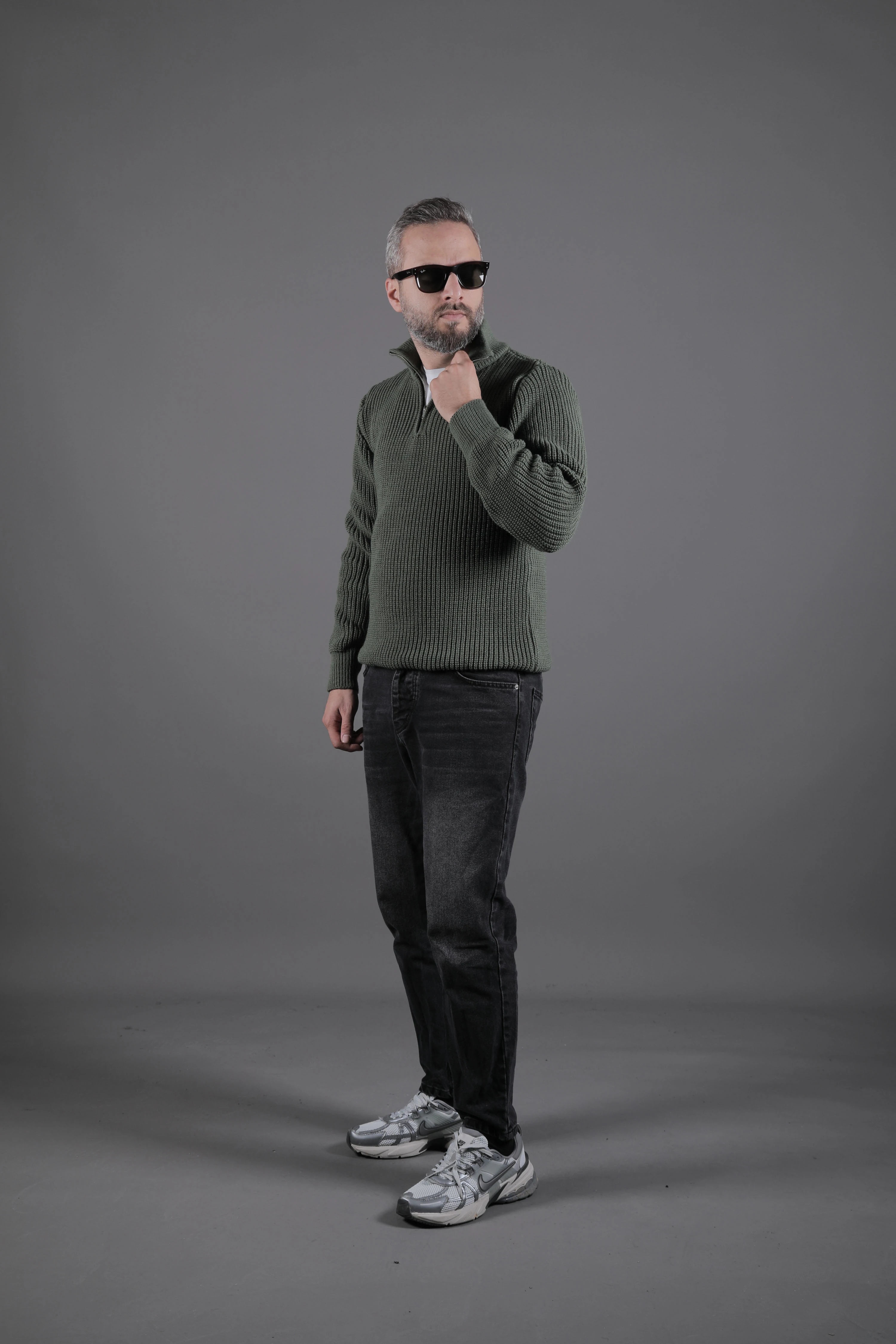 Yarım Fermuarlı Kalın Erkek Kazak - Haki