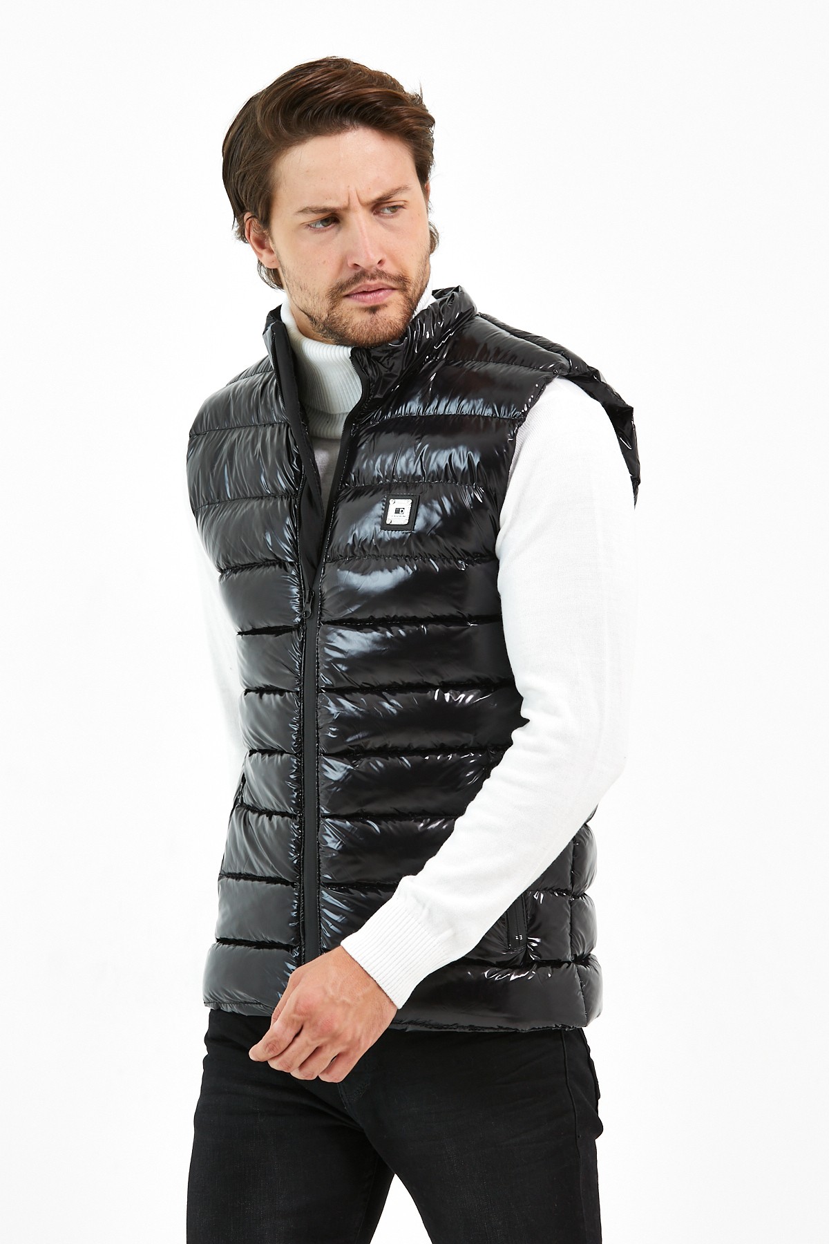 Slim Fit Parlak Şişme Yelek - Siyah