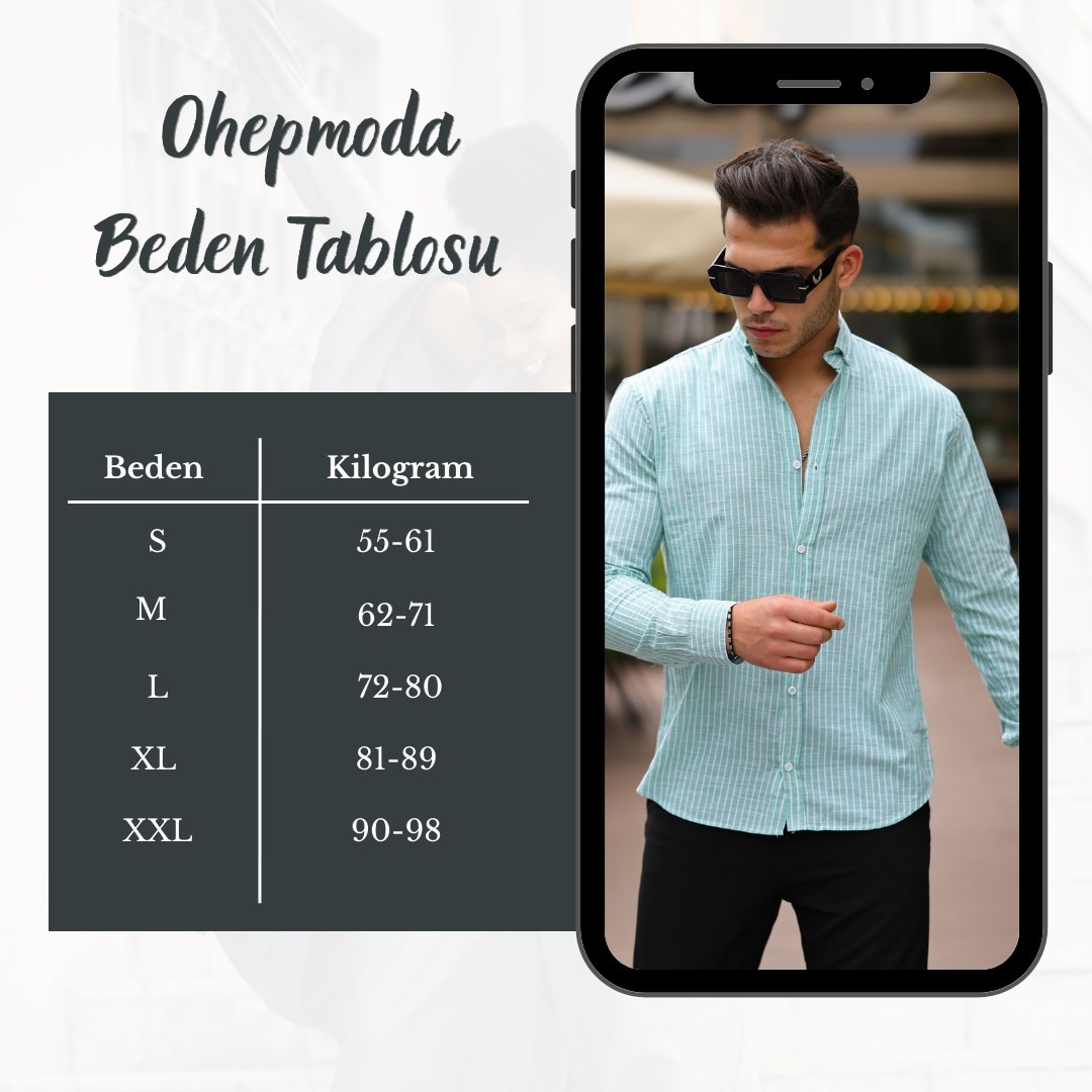 Slim Fit Çizgili Uzun Kollu Erkek Yazlık Keten Gömlek Yeşil