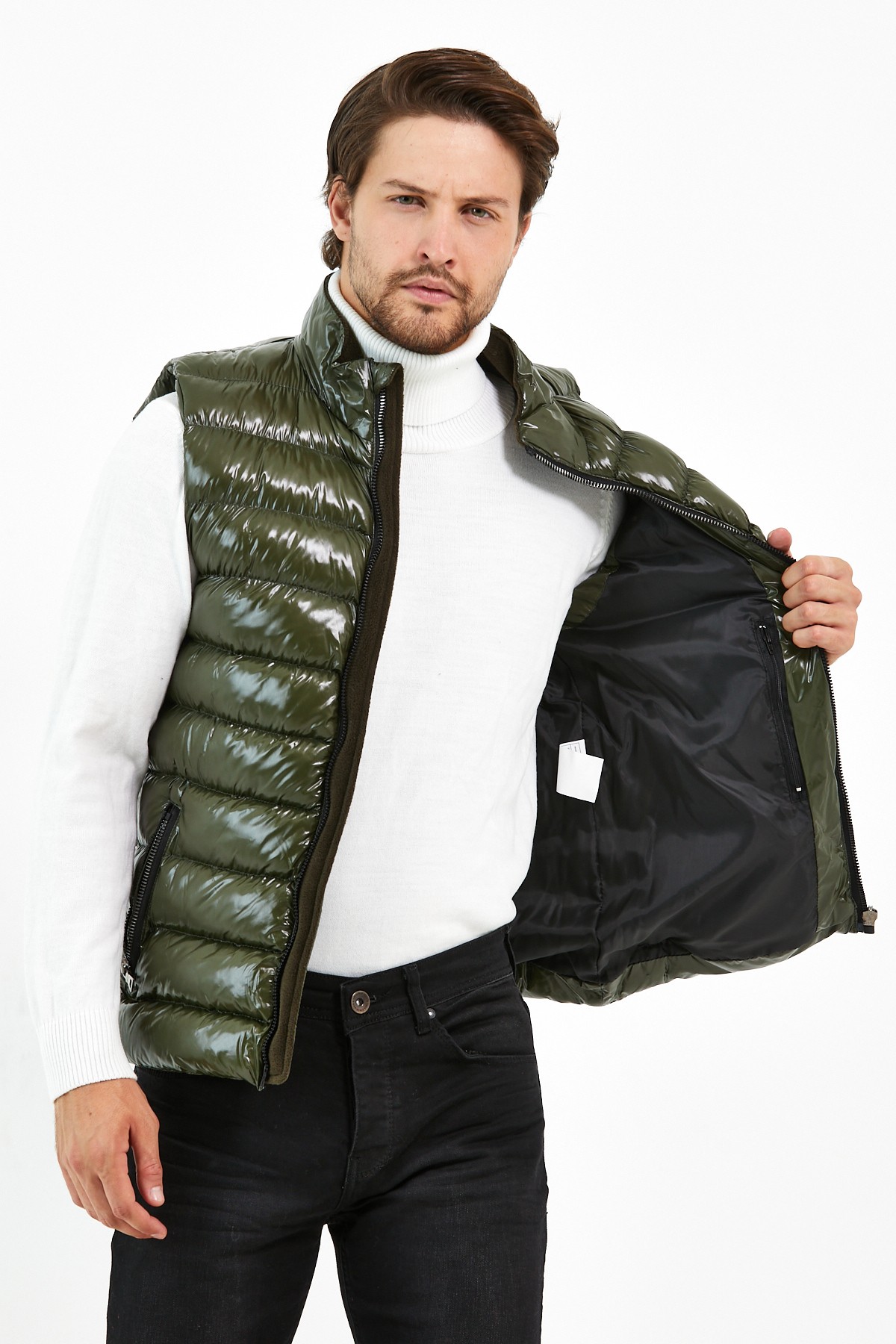 Slim Fit Parlak Şişme Yelek - Haki