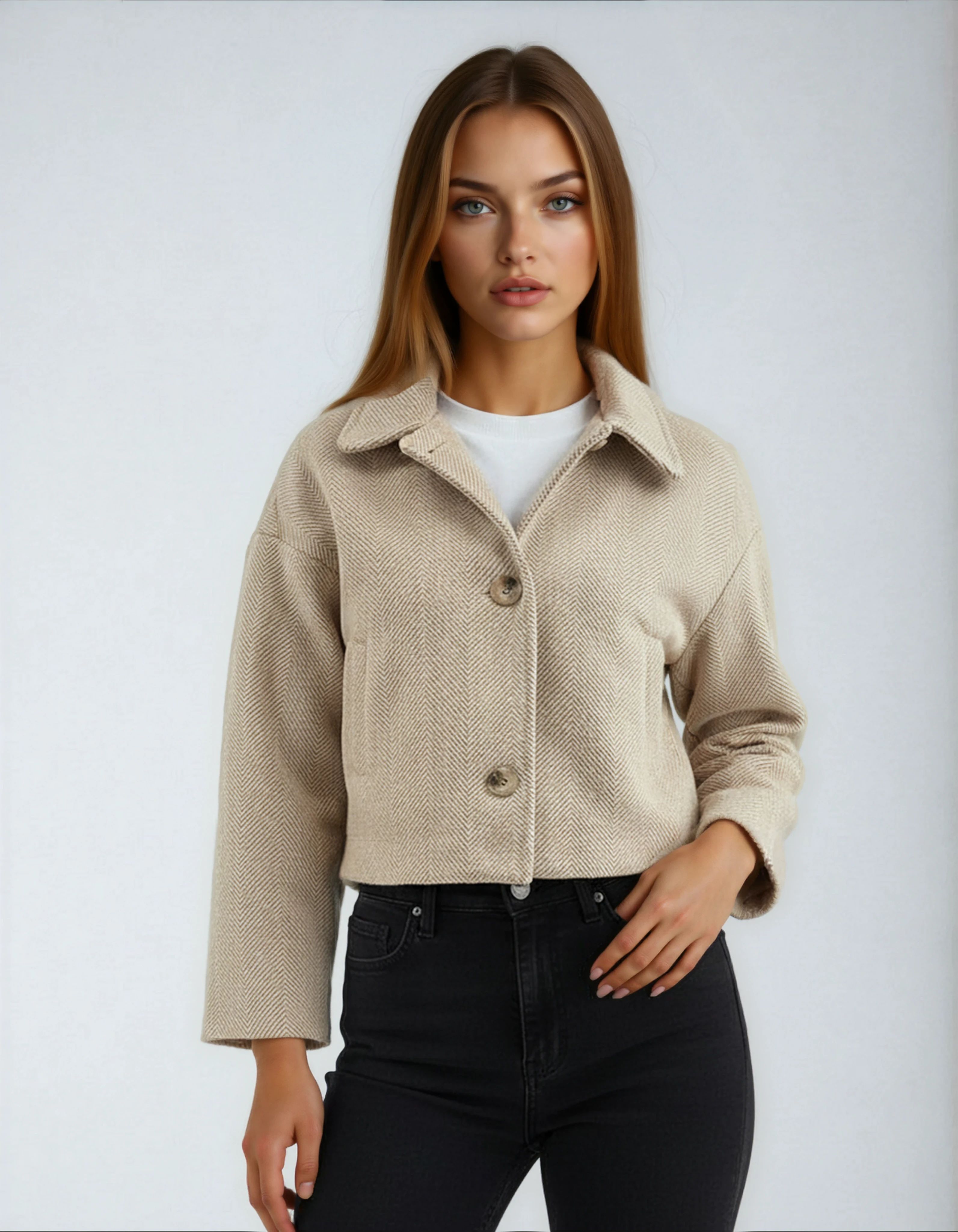 Oversize Desenli Kadın Kısa Kaşe Kaban - Sütlü Kahve