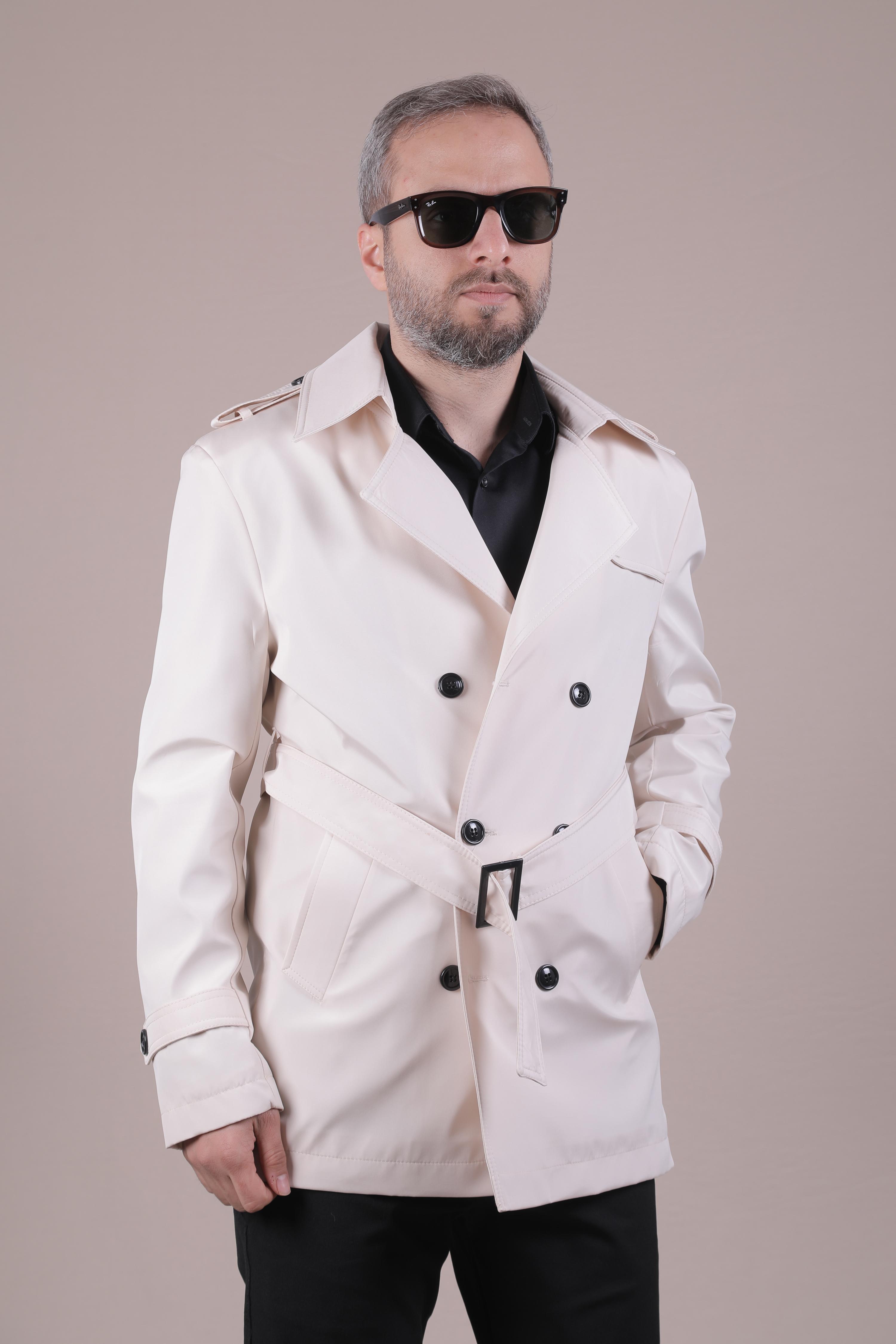 Slim Fit Kemerli Erkek Trençkot - Bej
