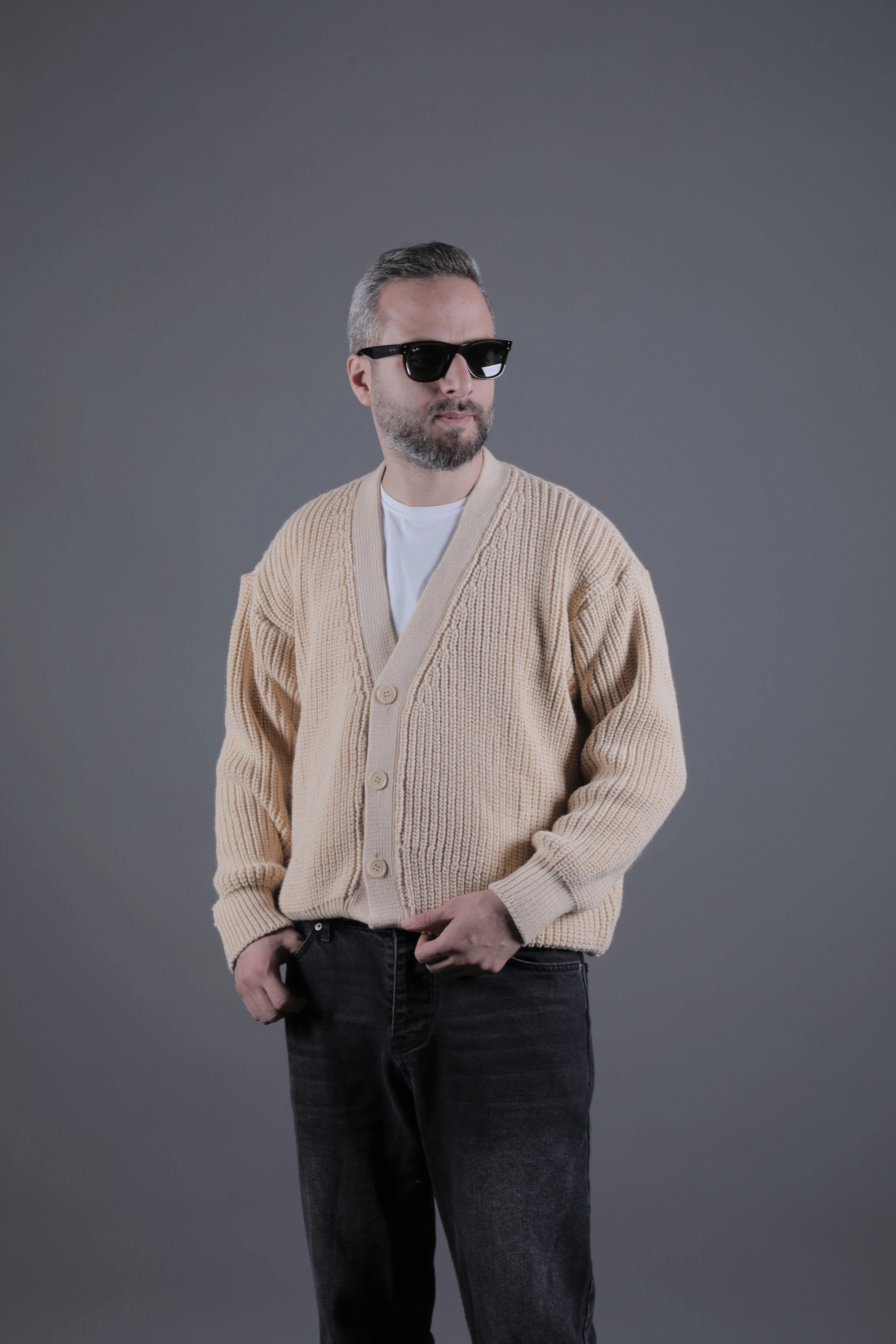 Dokulu Oversize Erkek Kalın Hırka - Krem