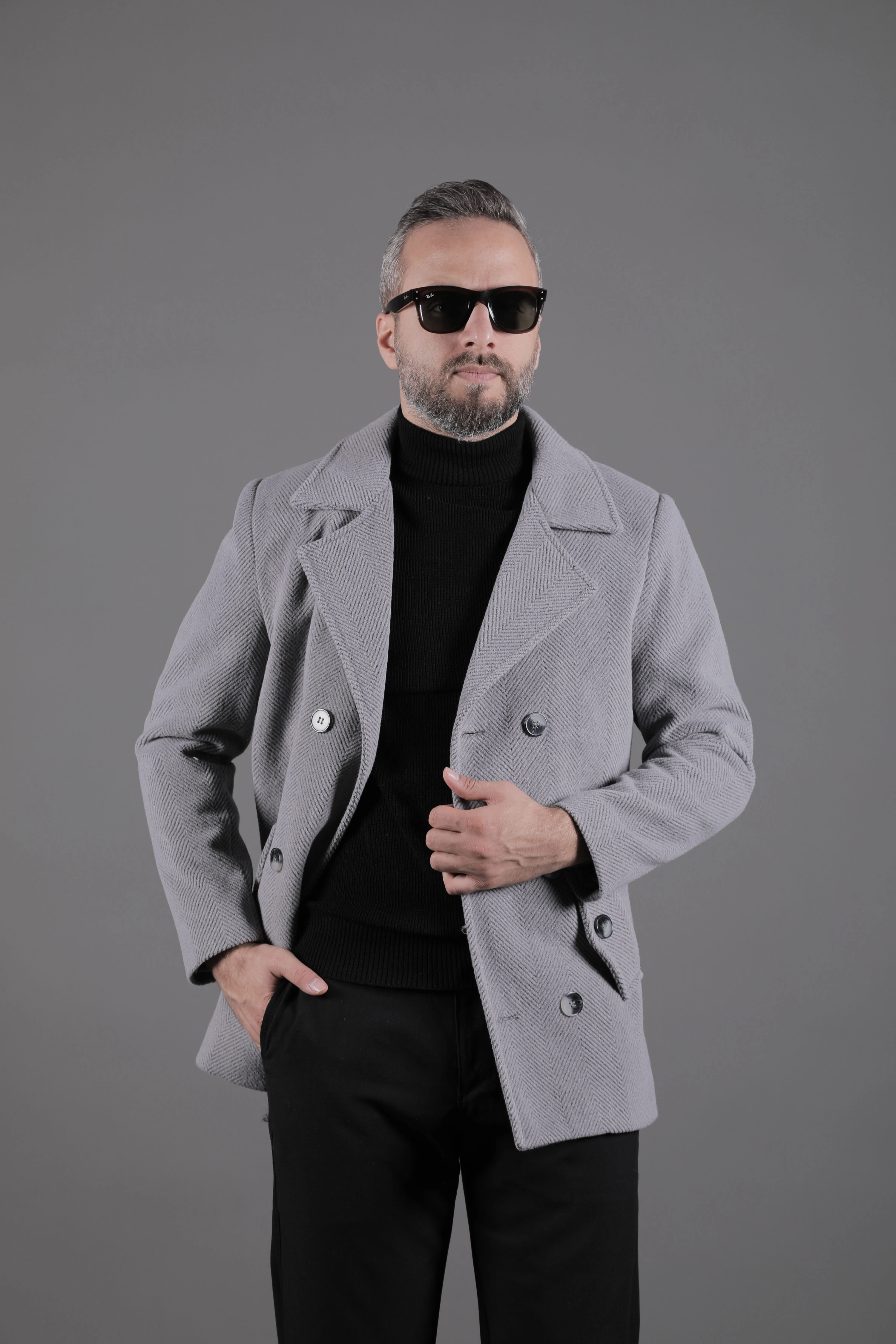 Desenli Kruvaze Erkek Kaşe Kaban - Koyu Gri