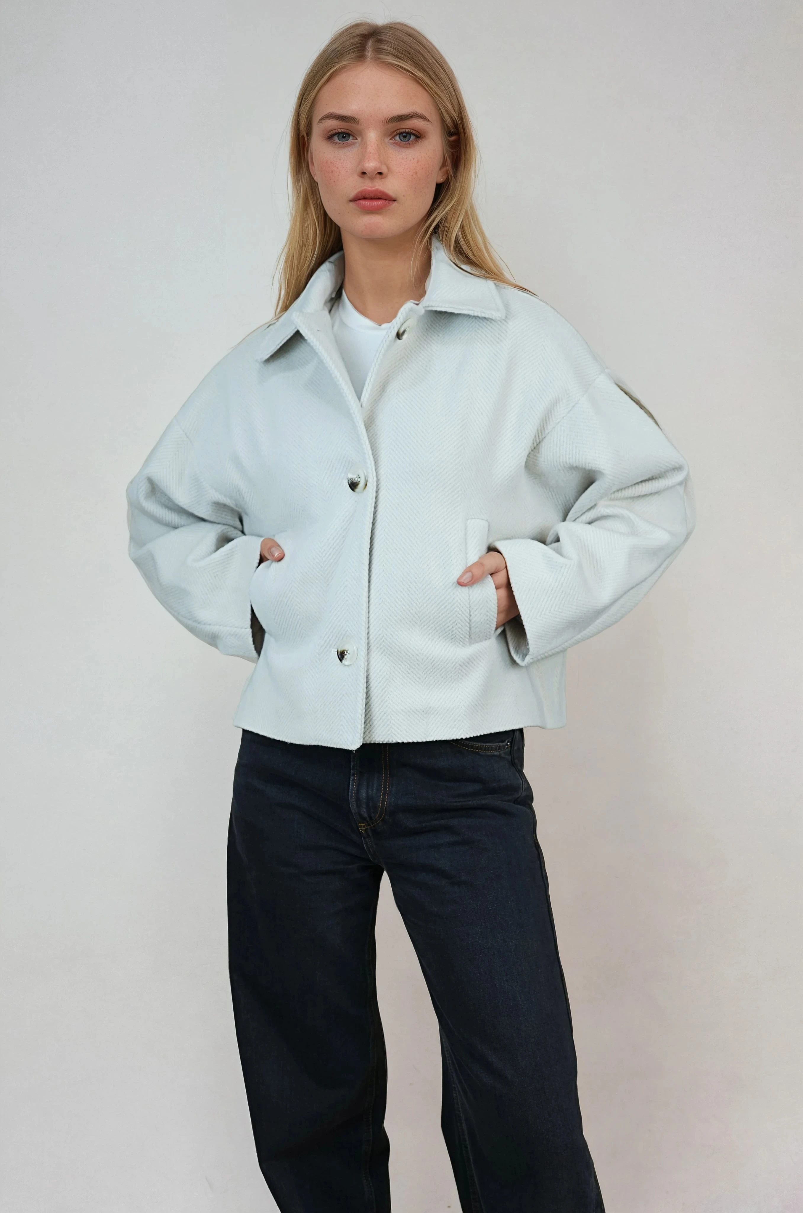 Oversize Desenli Kadın Kısa Kaşe Kaban  - Bej