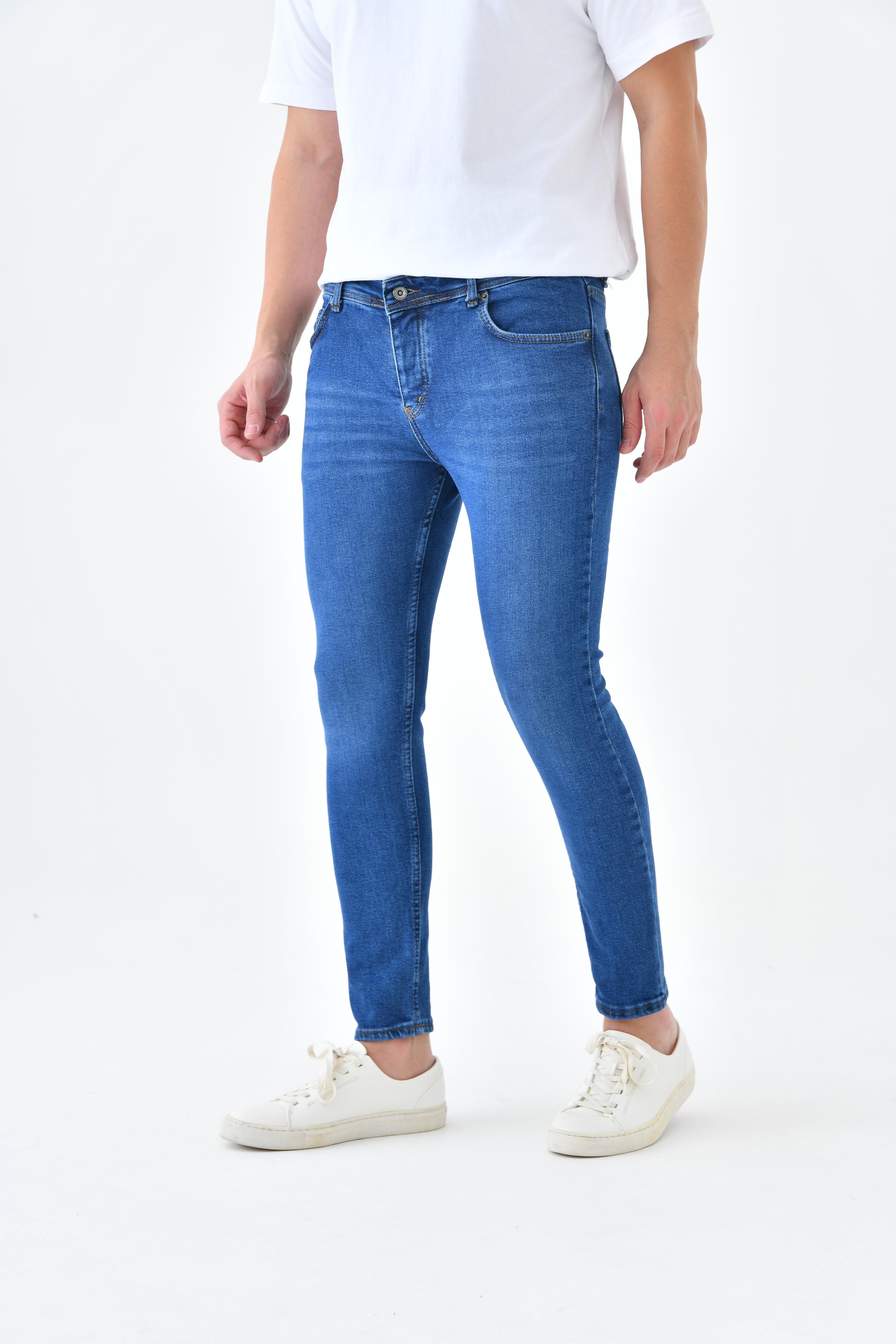 Slim Fit Erkek Likralı Kot Pantolon Jeans - Taşlamalı Mavi