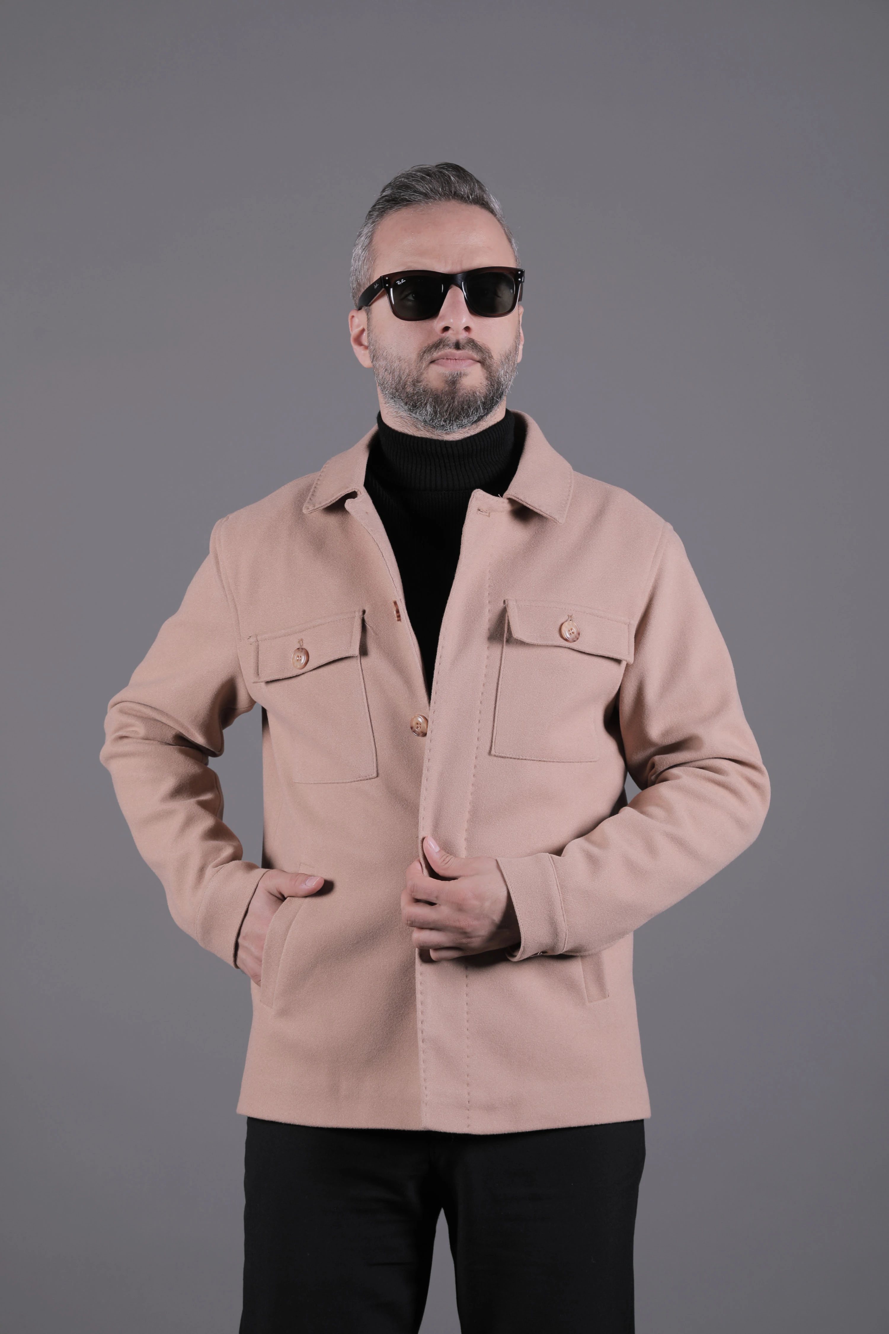 Dikiş Detaylı Erkek Kaşe Kaban Mont - Camel