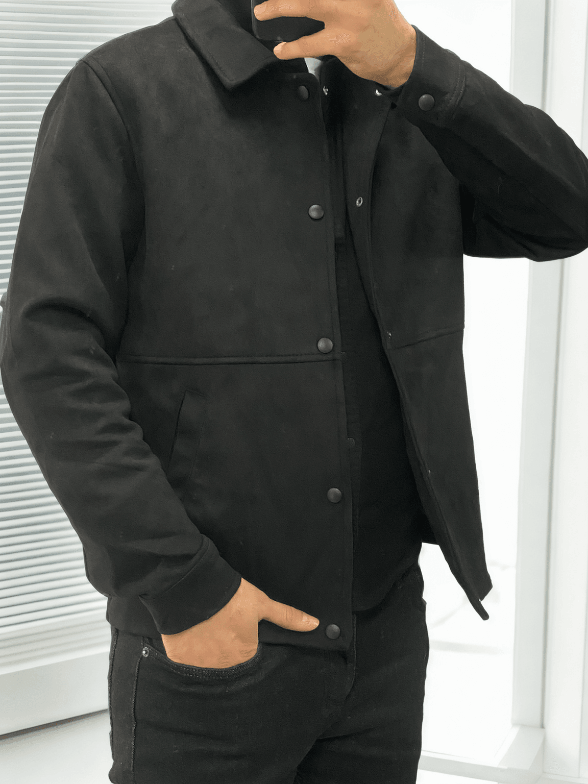 Gömlek Yaka Çıtçıtlı Erkek Süet Ceket Mont - Siyah
