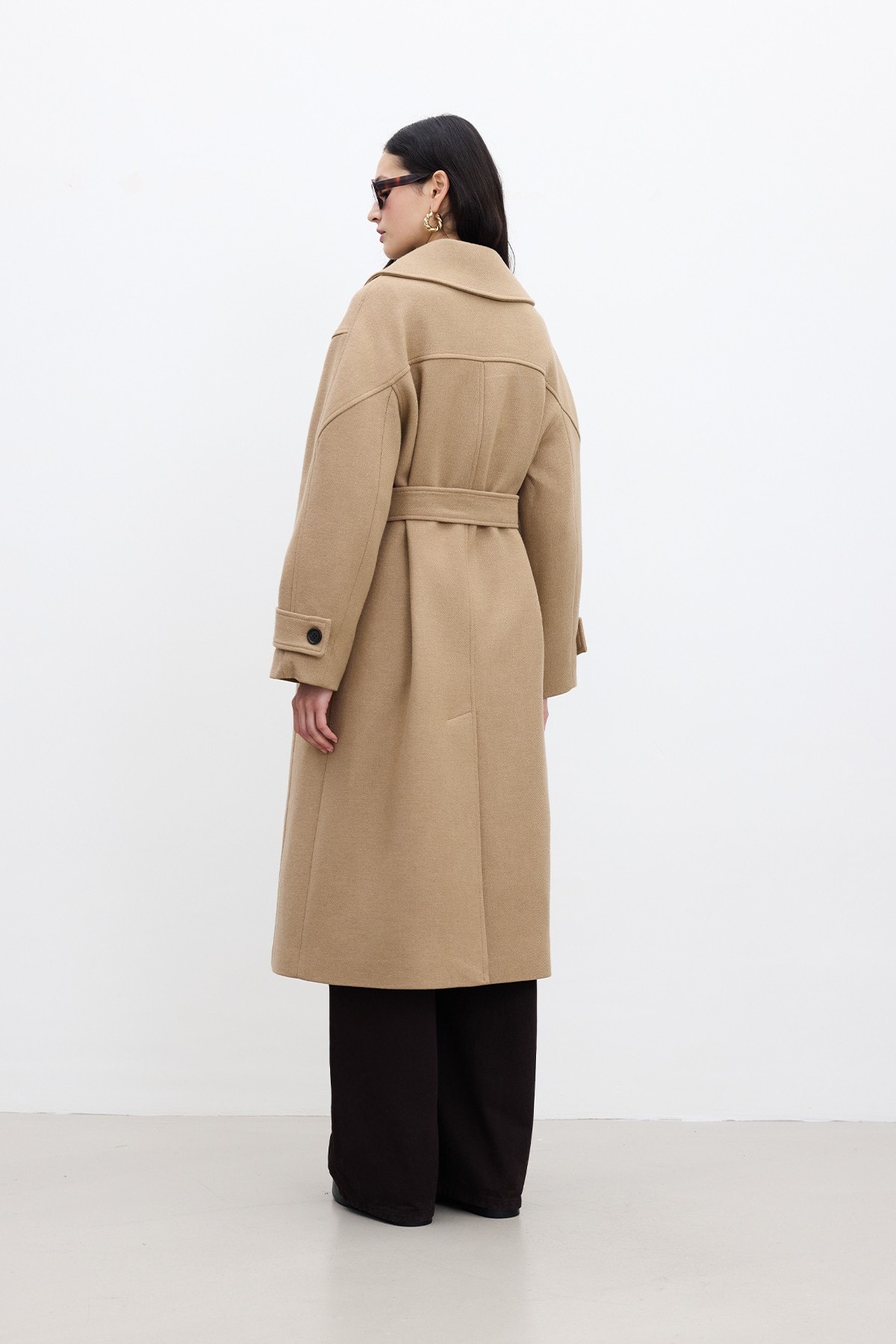 Kemerli Oversize Premium Kadın Kaşe Kaban - Camel