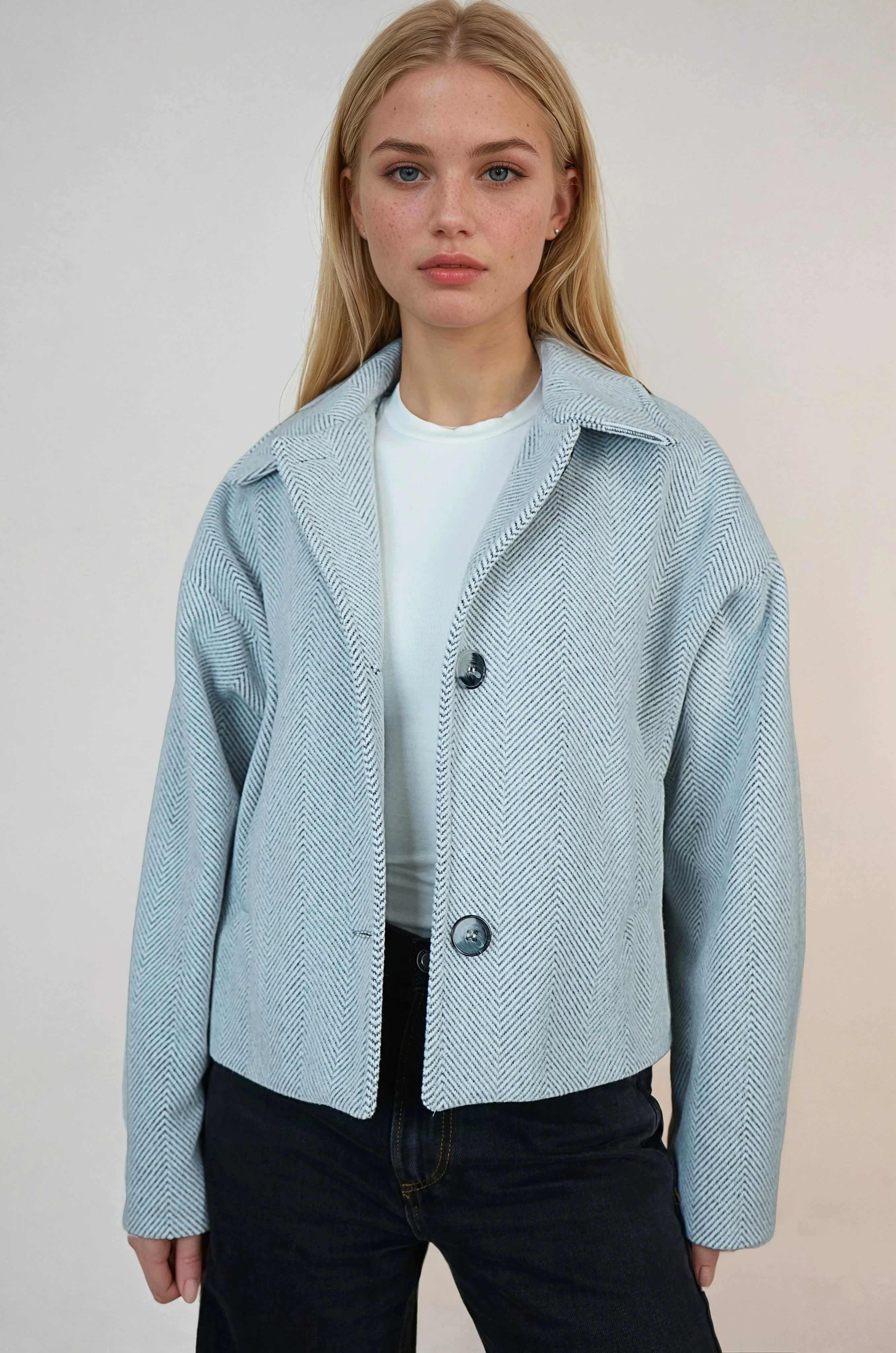 Oversize Desenli Kadın Kısa Kaşe Kaban  - Açık Gri