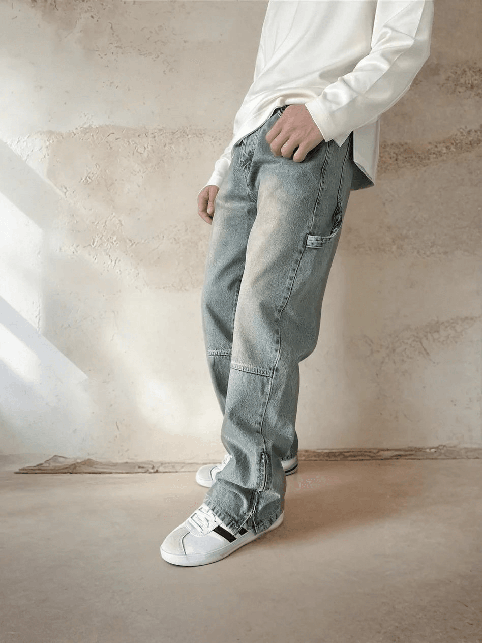 Yan Detaylı Efektli Rahat Kalıp Baggy Kot Pantolon - Buz Mavisi