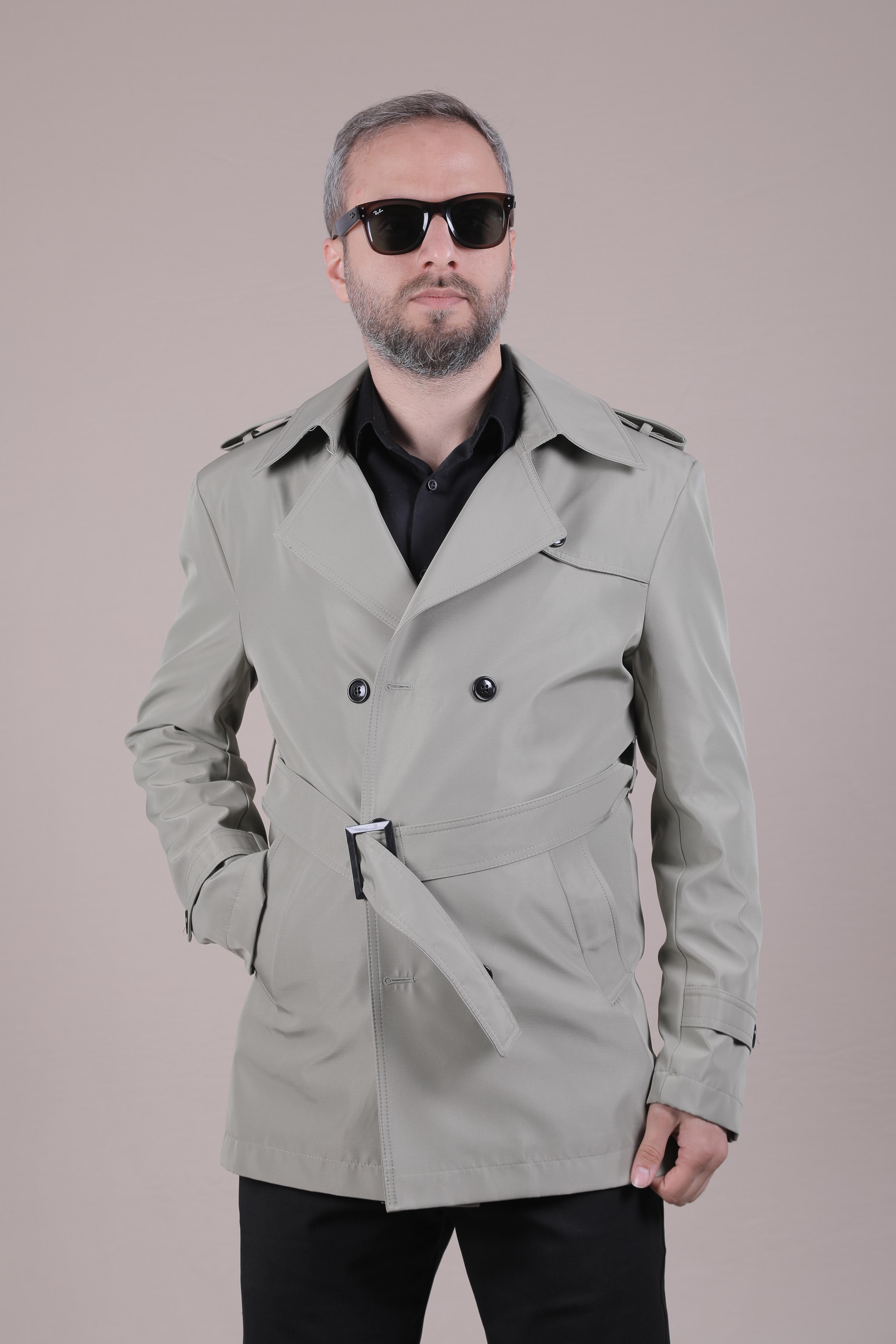 Slim Fit Kemerli Erkek Trençkot - Su Yeşili