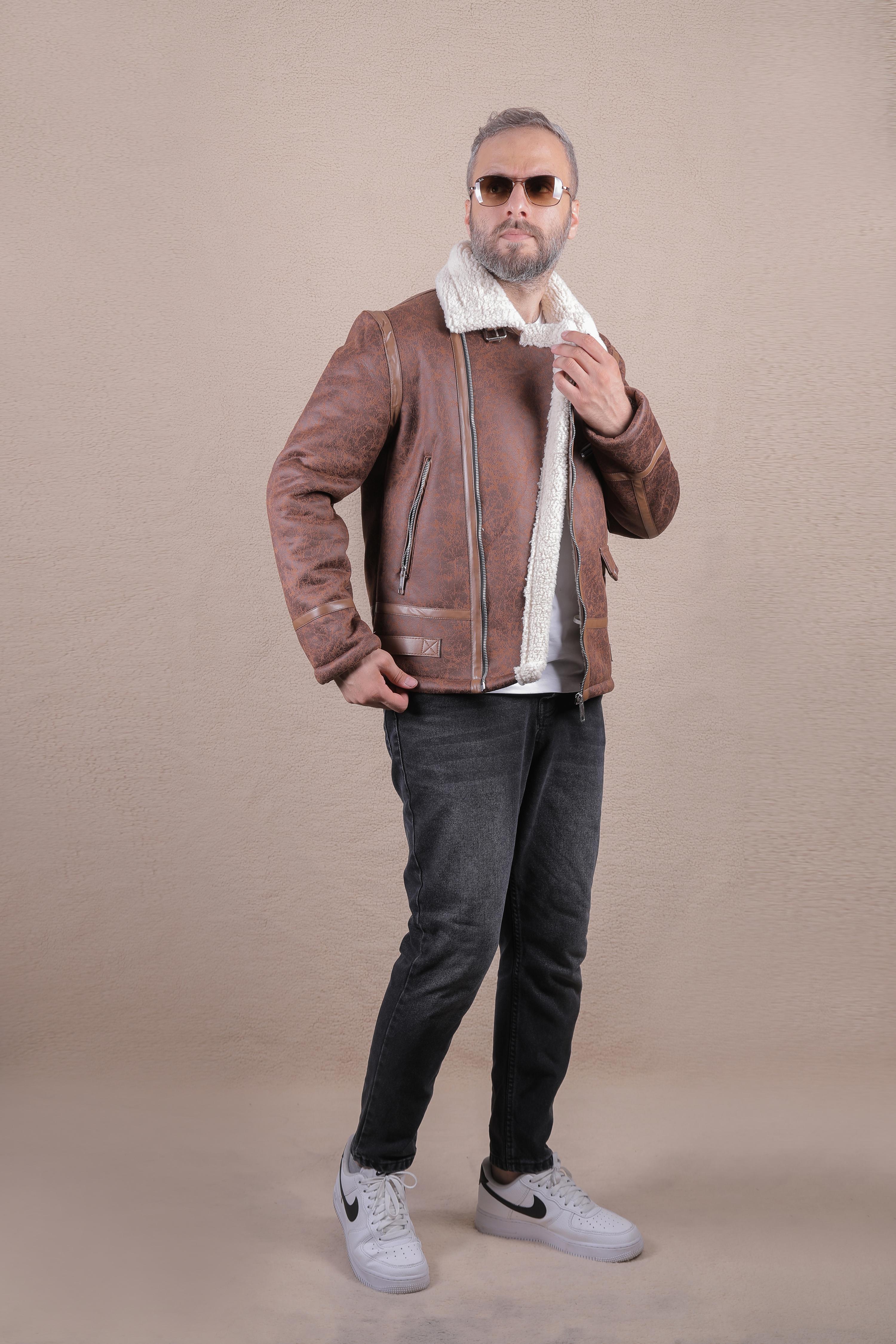 İçi Kürklü Kuzey Model Erkek Napa Deri Mont - Kahverengi