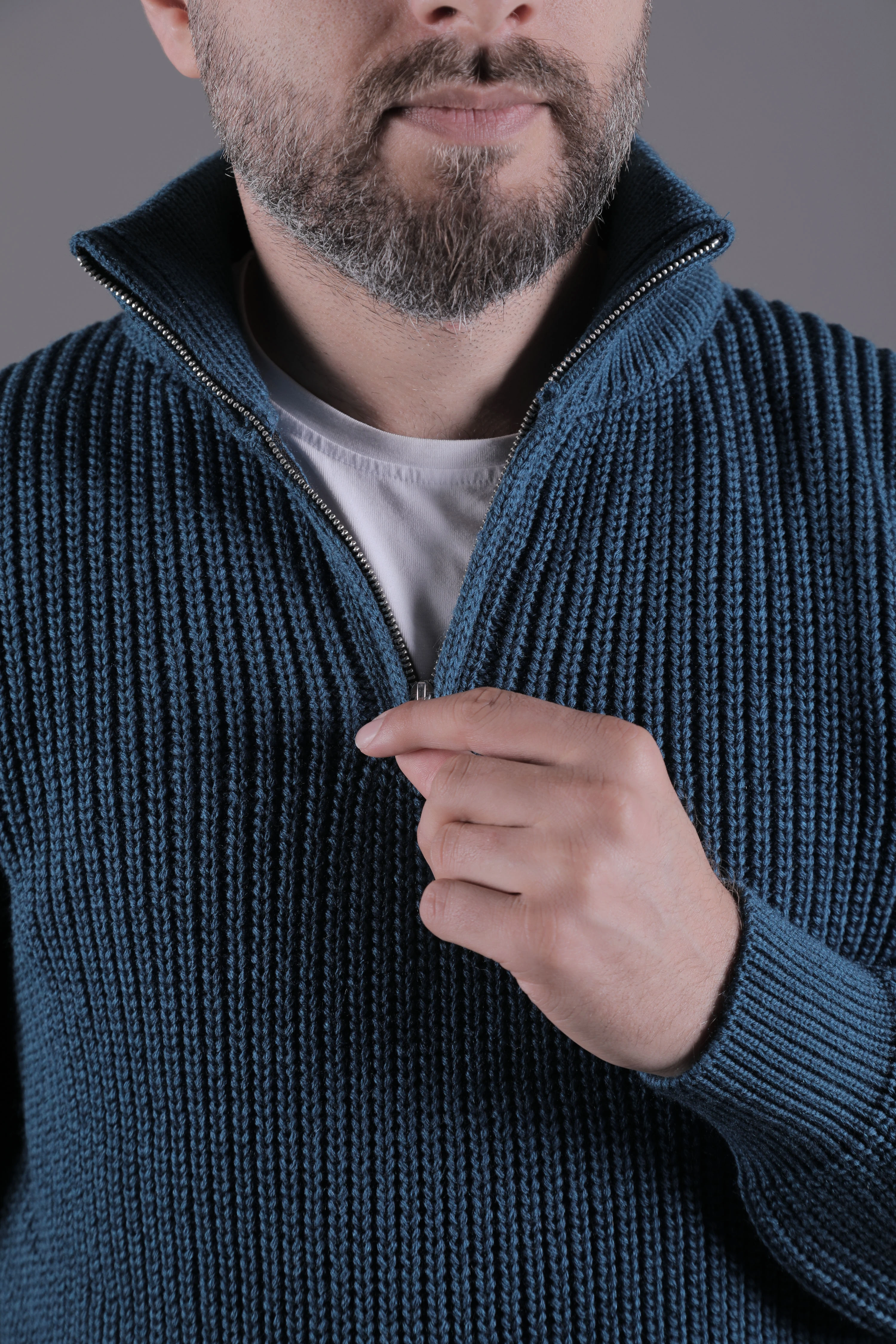 Yarım Fermuarlı Kalın Erkek Kazak - Petrol