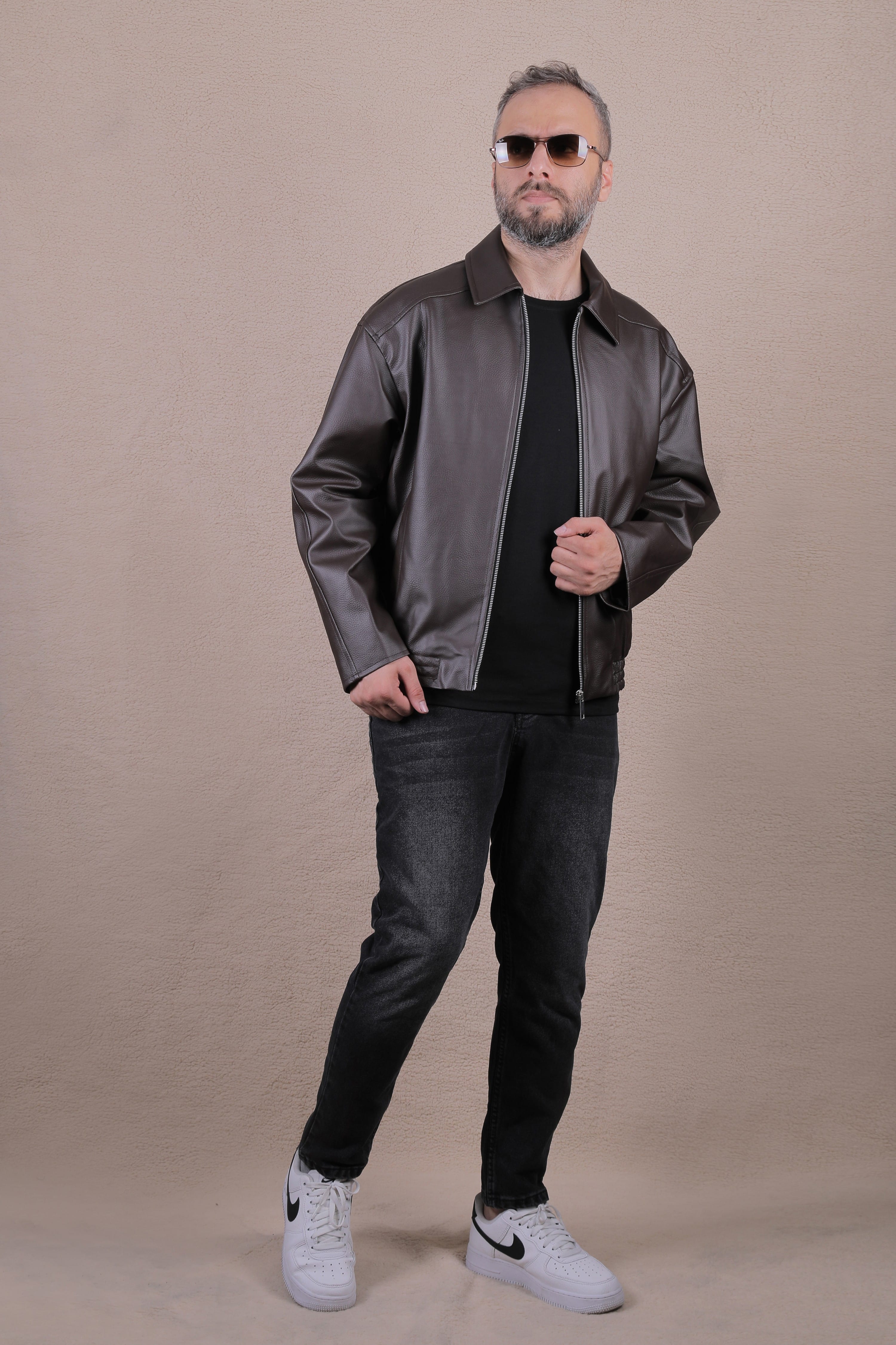 Oversize Rahat Kalıp Lastikli Erkek Deri Ceket - Kahverengi