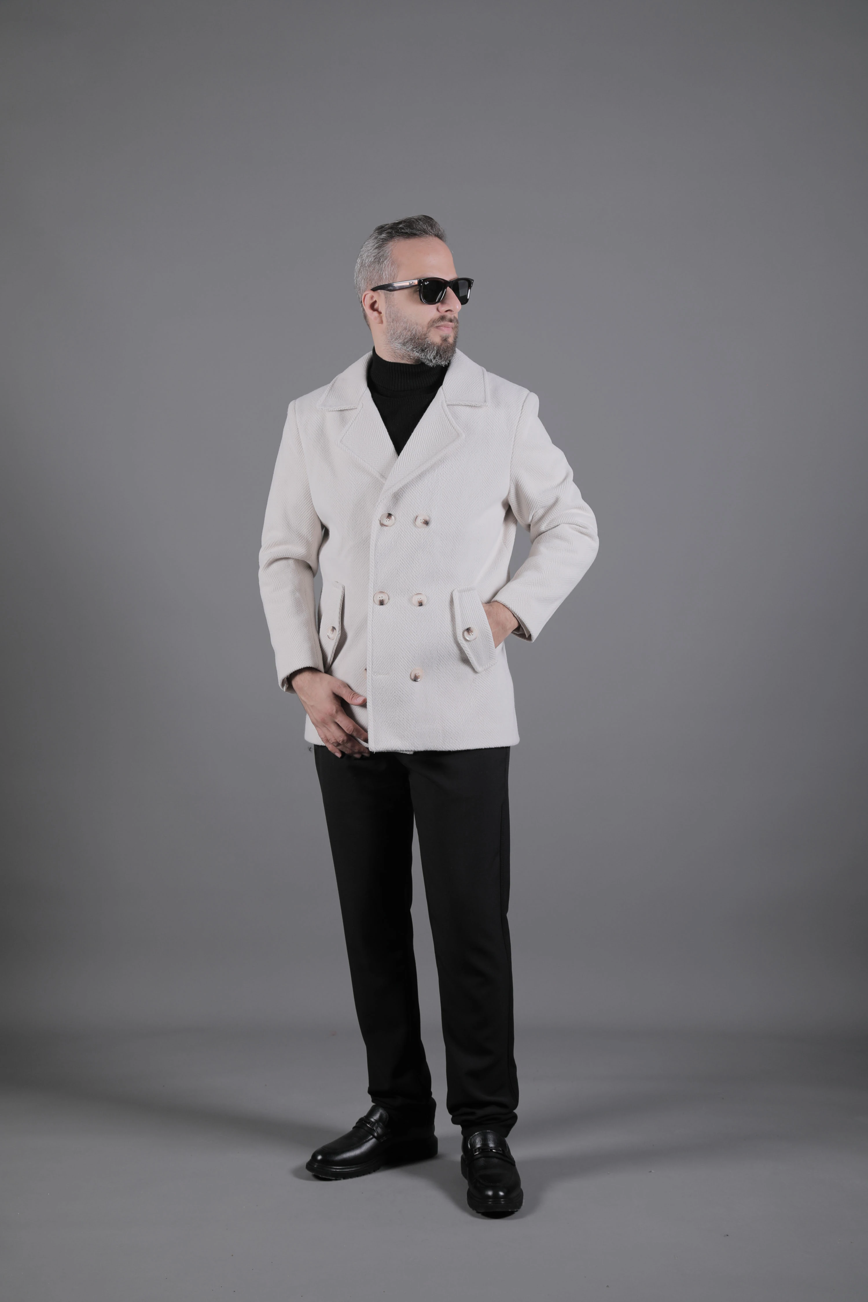 Desenli Kruvaze Erkek Kaşe Kaban - Bej