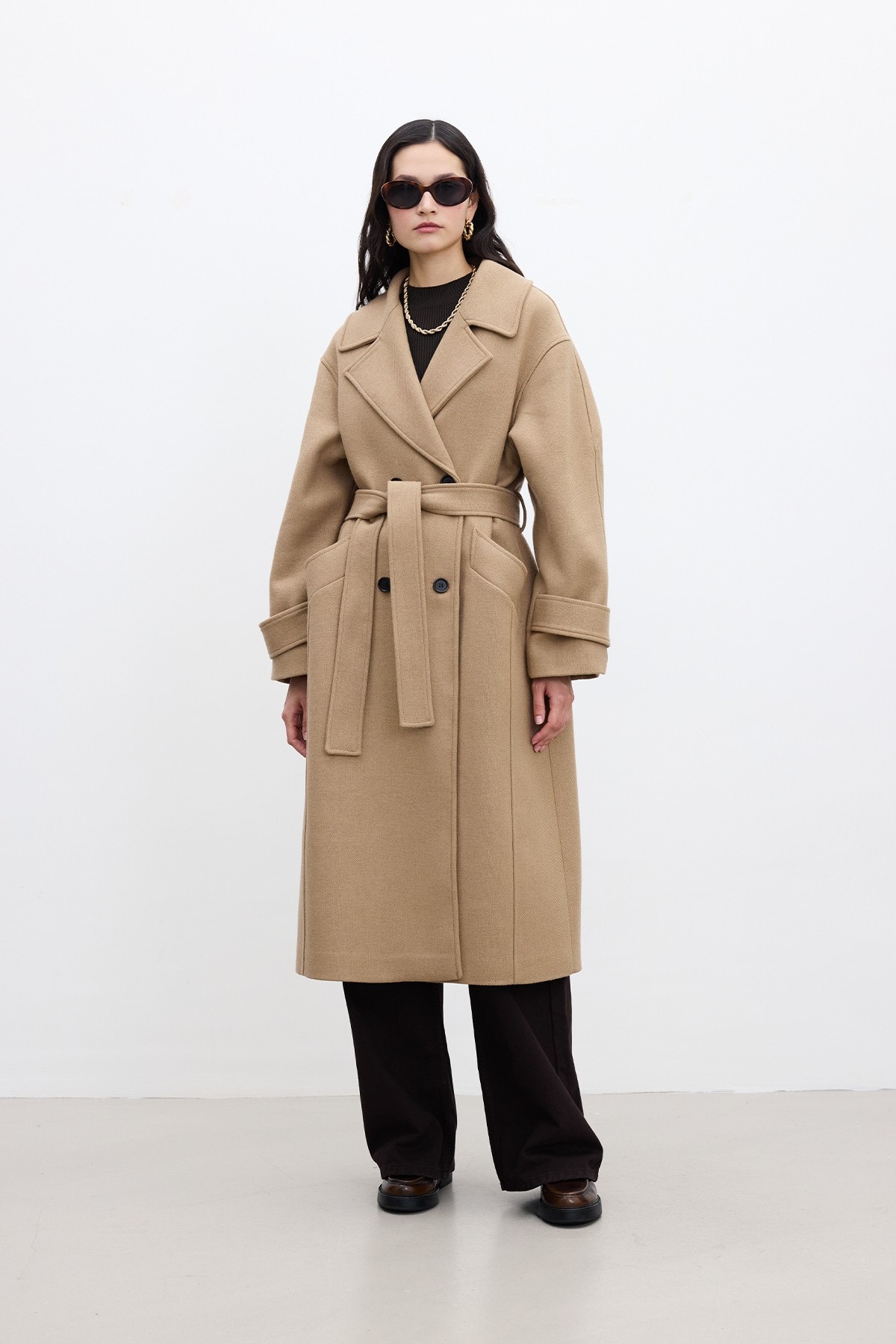 Kemerli Oversize Premium Kadın Kaşe Kaban - Camel
