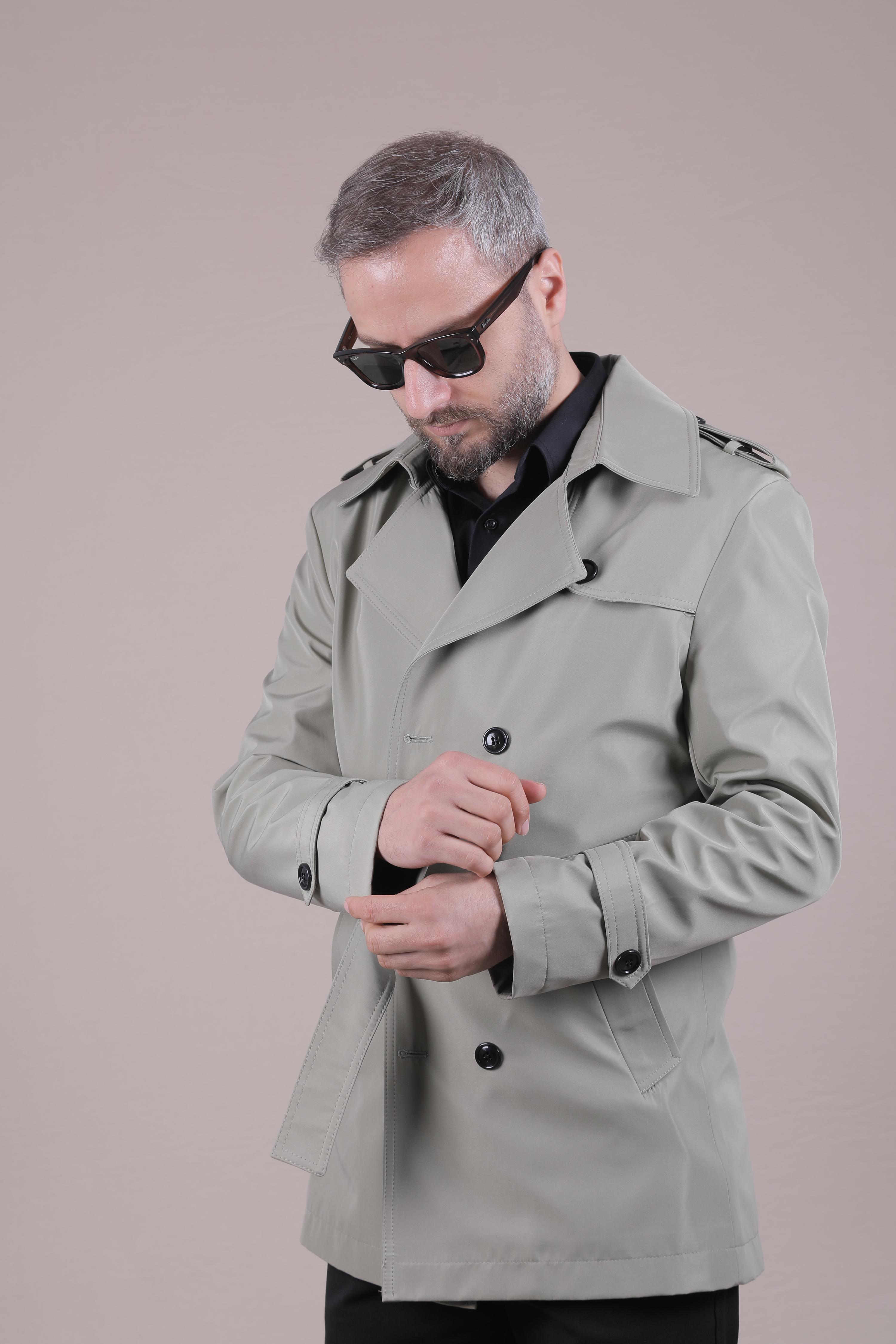 Slim Fit Kemerli Erkek Trençkot - Su Yeşili