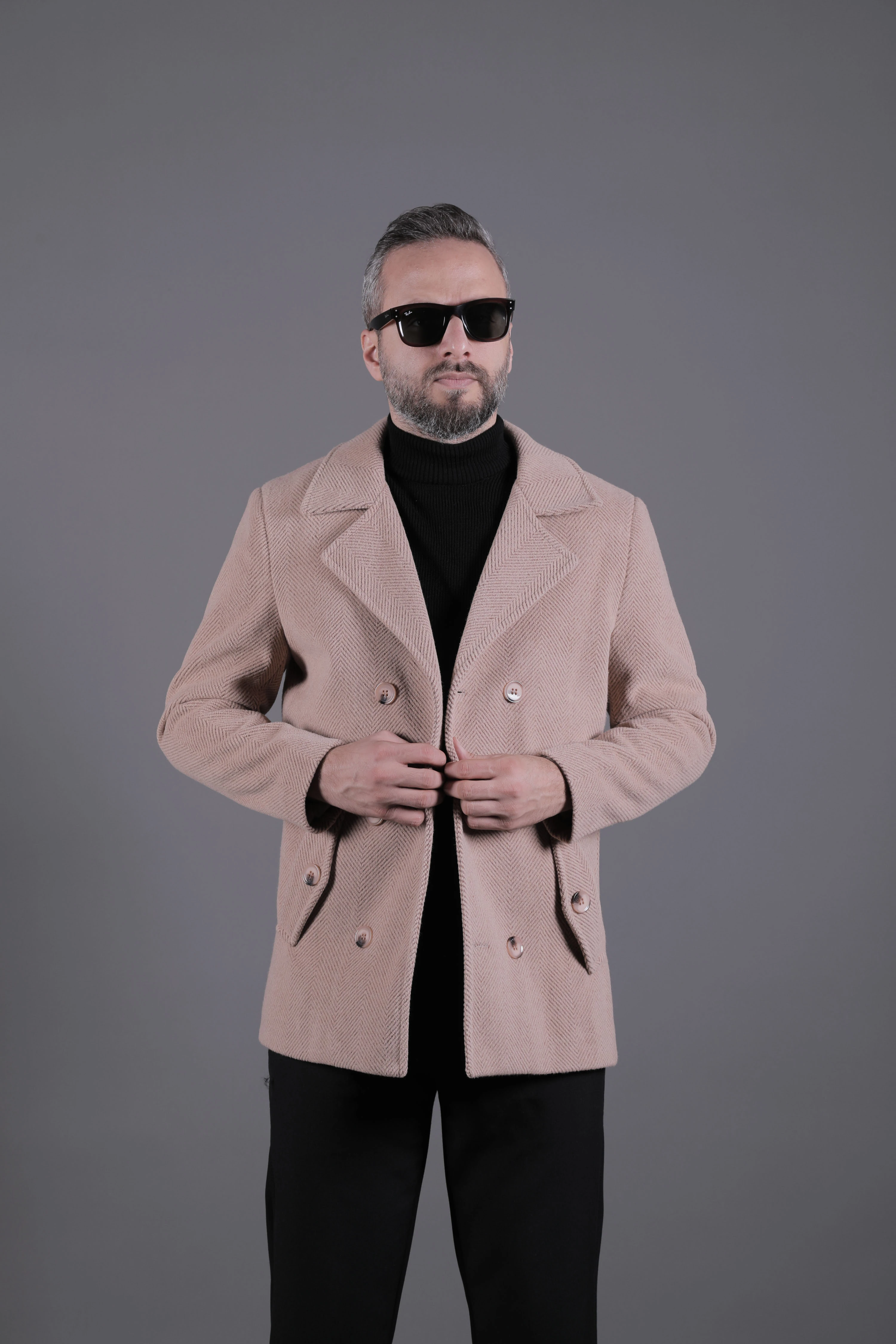 Desenli Kruvaze Erkek Kaşe Kaban - Sütlü Kahve