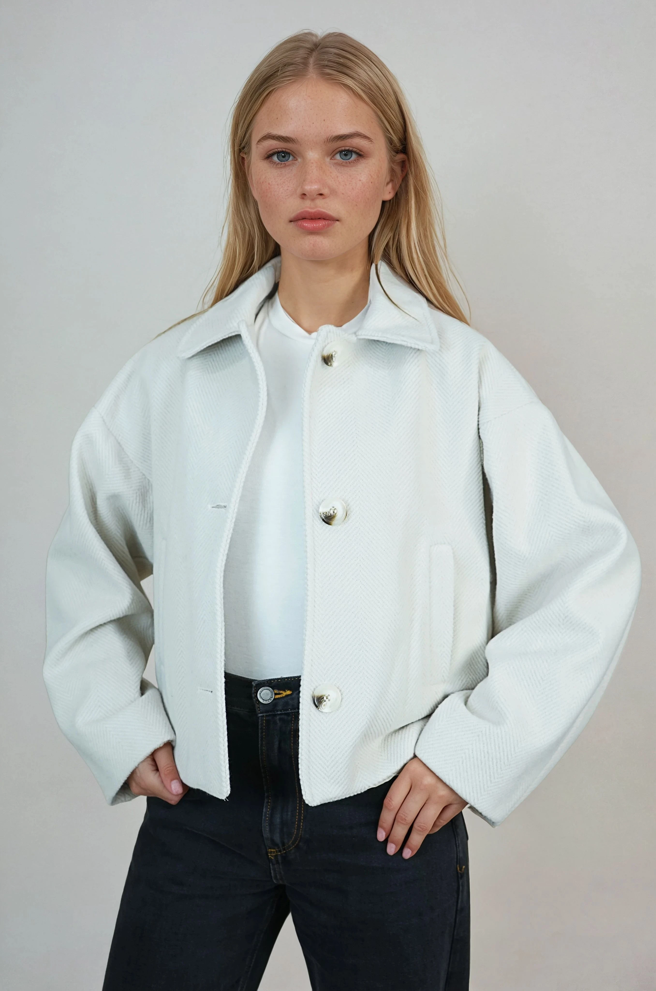 Oversize Desenli Kadın Kısa Kaşe Kaban  - Bej