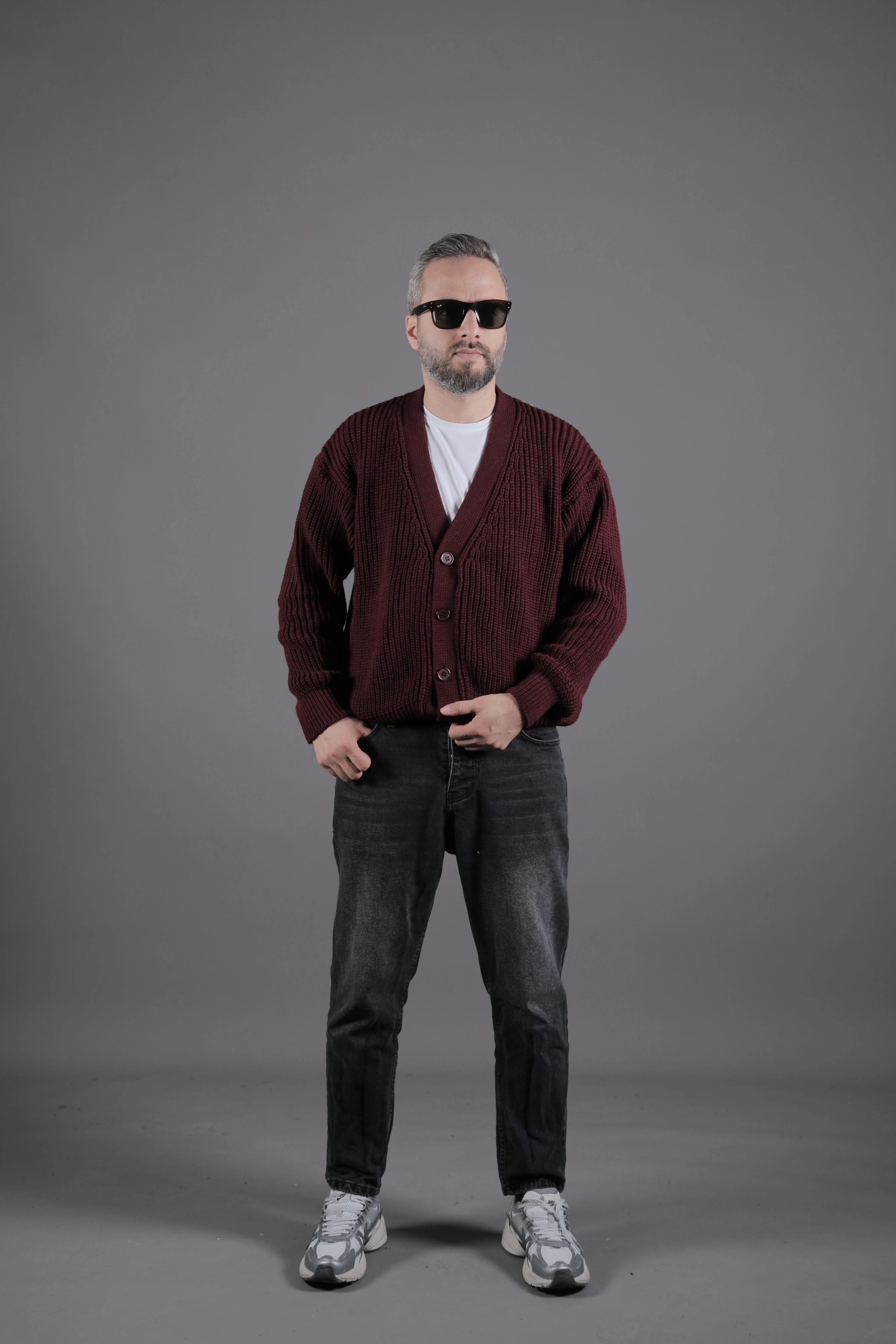 Dokulu Oversize Erkek Kalın Hırka - Bordo