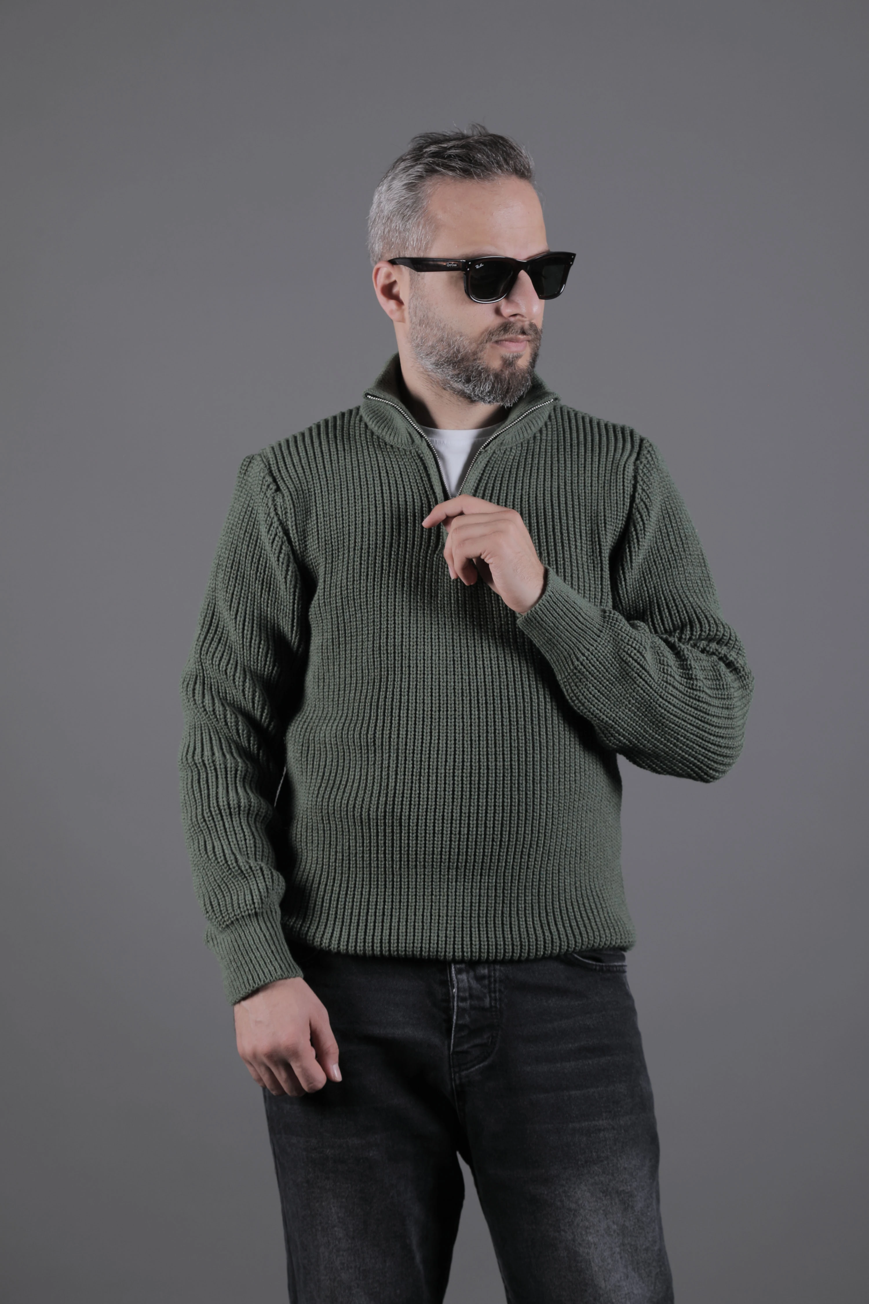 Yarım Fermuarlı Kalın Erkek Kazak - Haki