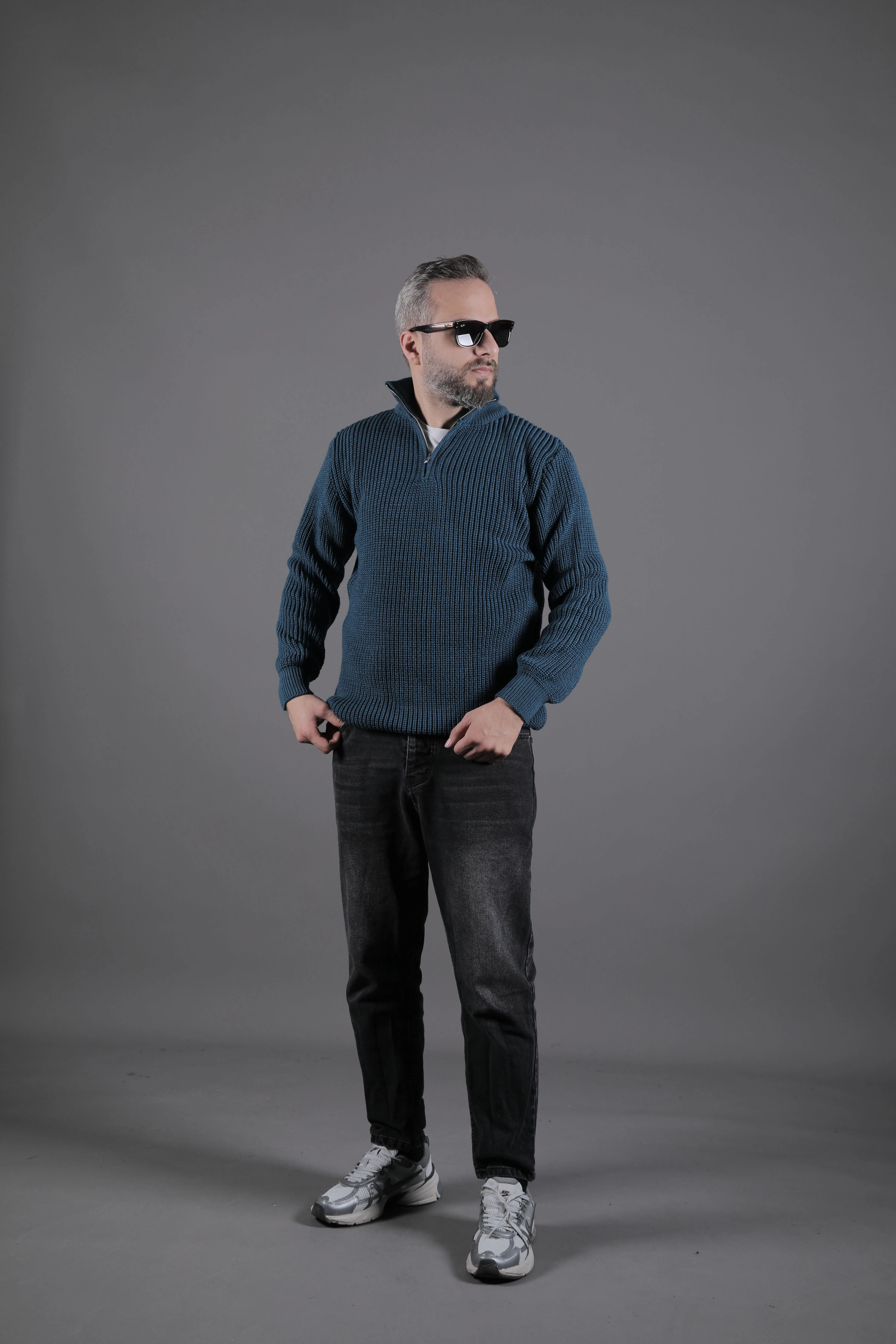 Yarım Fermuarlı Kalın Erkek Kazak - Petrol