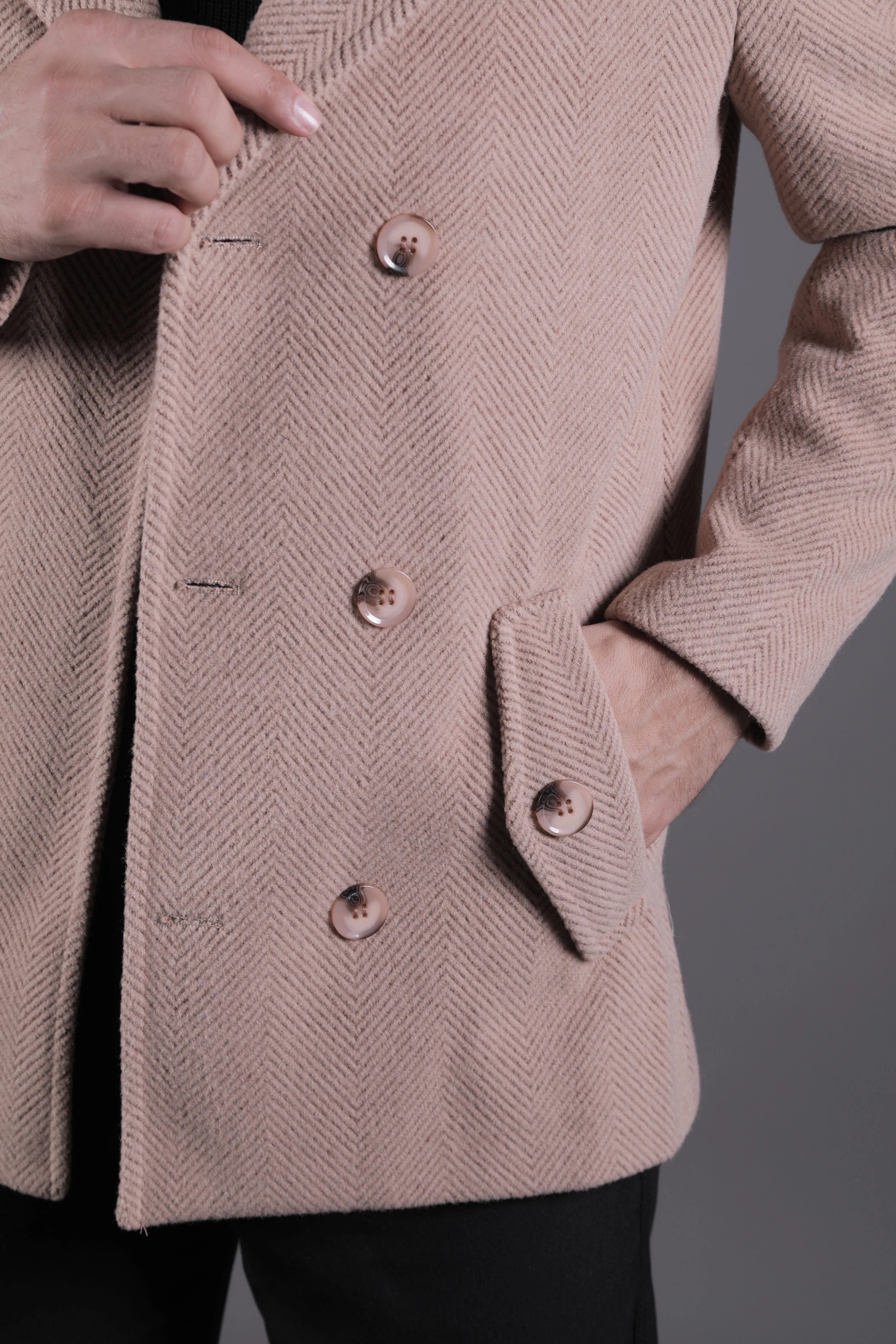 Desenli Kruvaze Erkek Kaşe Kaban - Sütlü Kahve