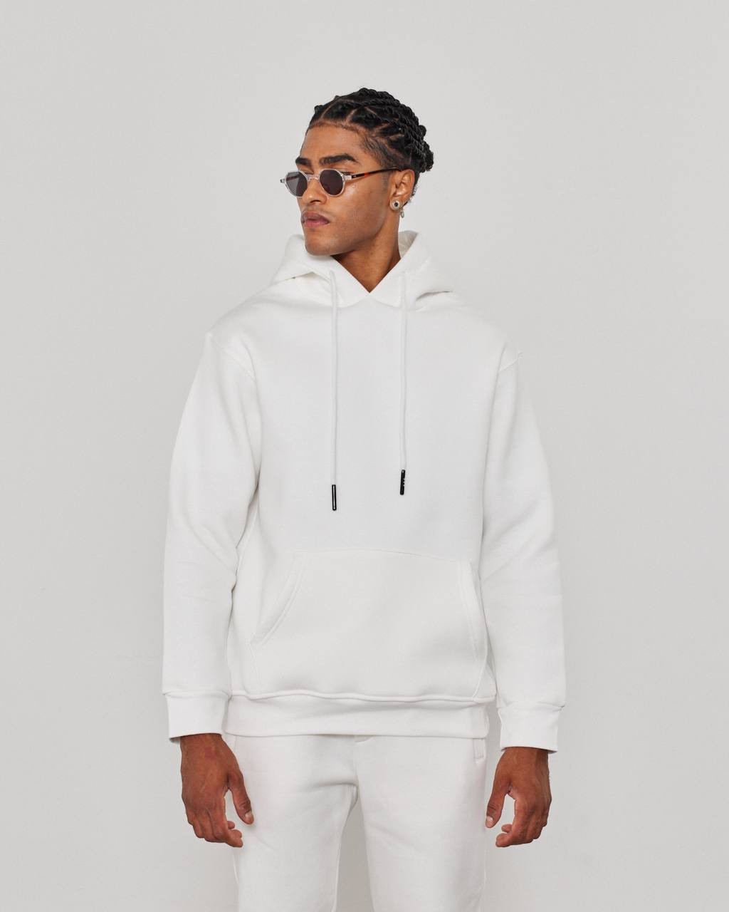 İçi Polarlı Kapşonlu Erkek Sweatshirt Hoodie - Ekru