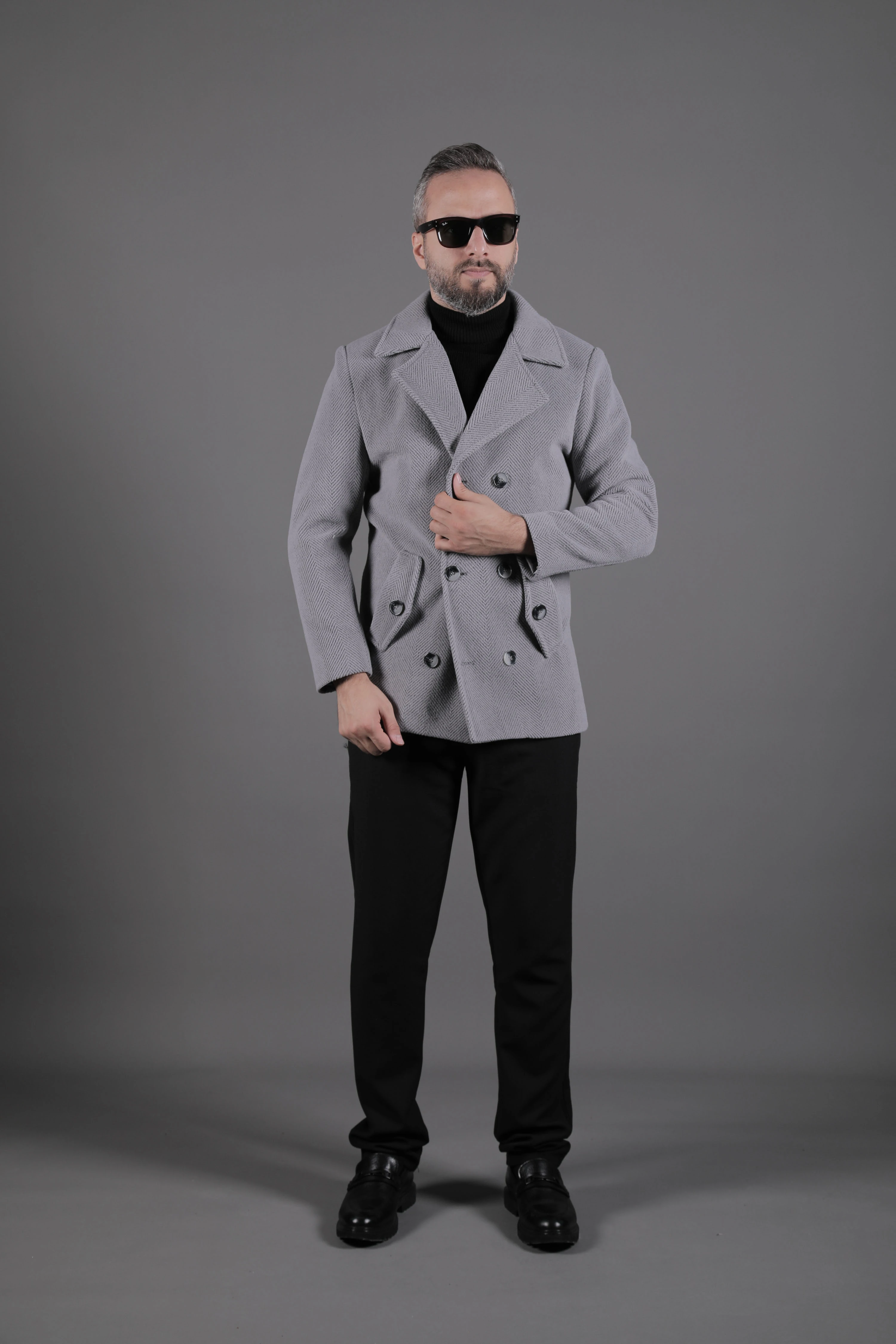 Desenli Kruvaze Erkek Kaşe Kaban - Koyu Gri