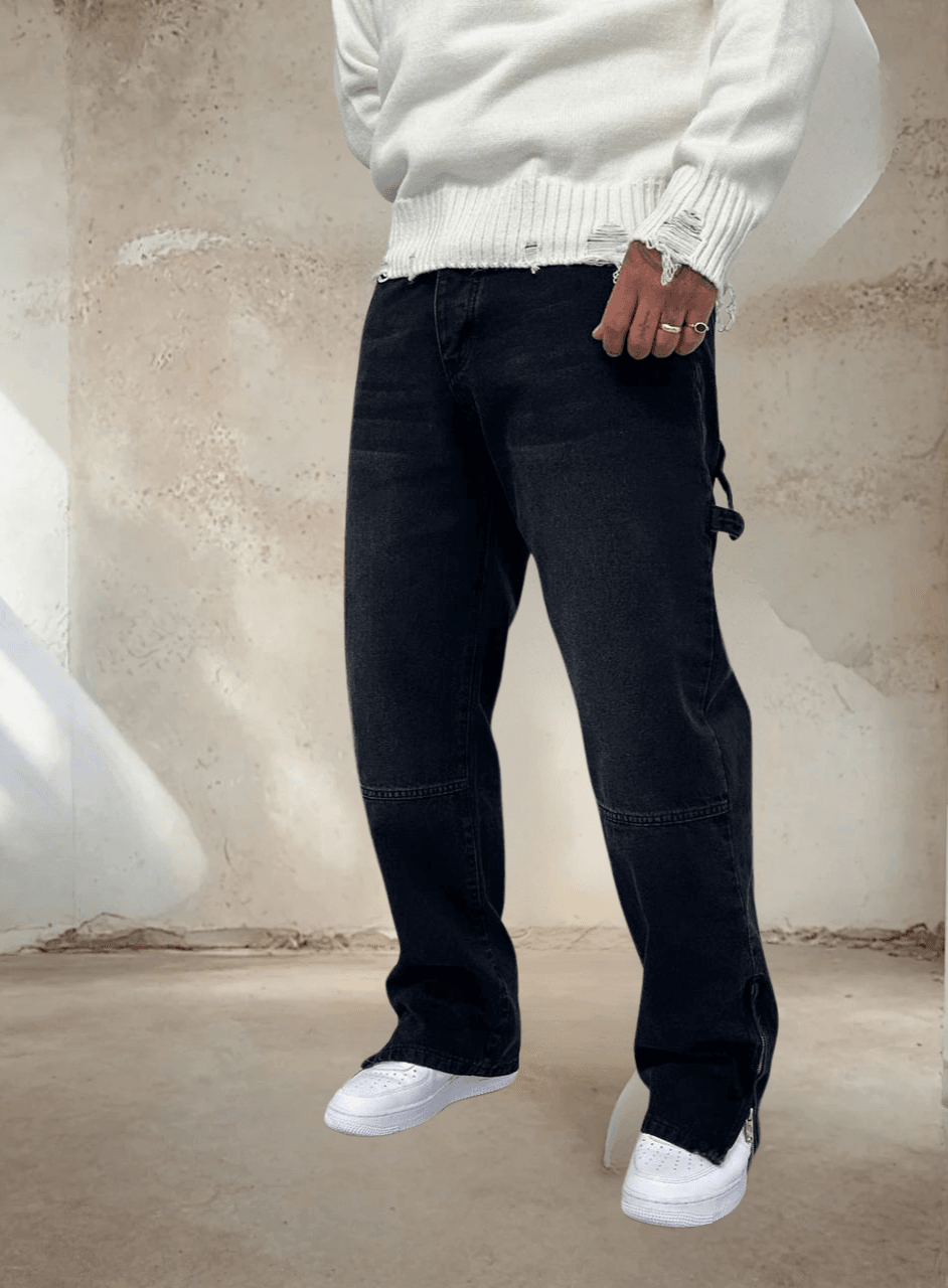 Yan Detaylı Efektli Rahat Kalıp Baggy Kot Pantolon - Siyah