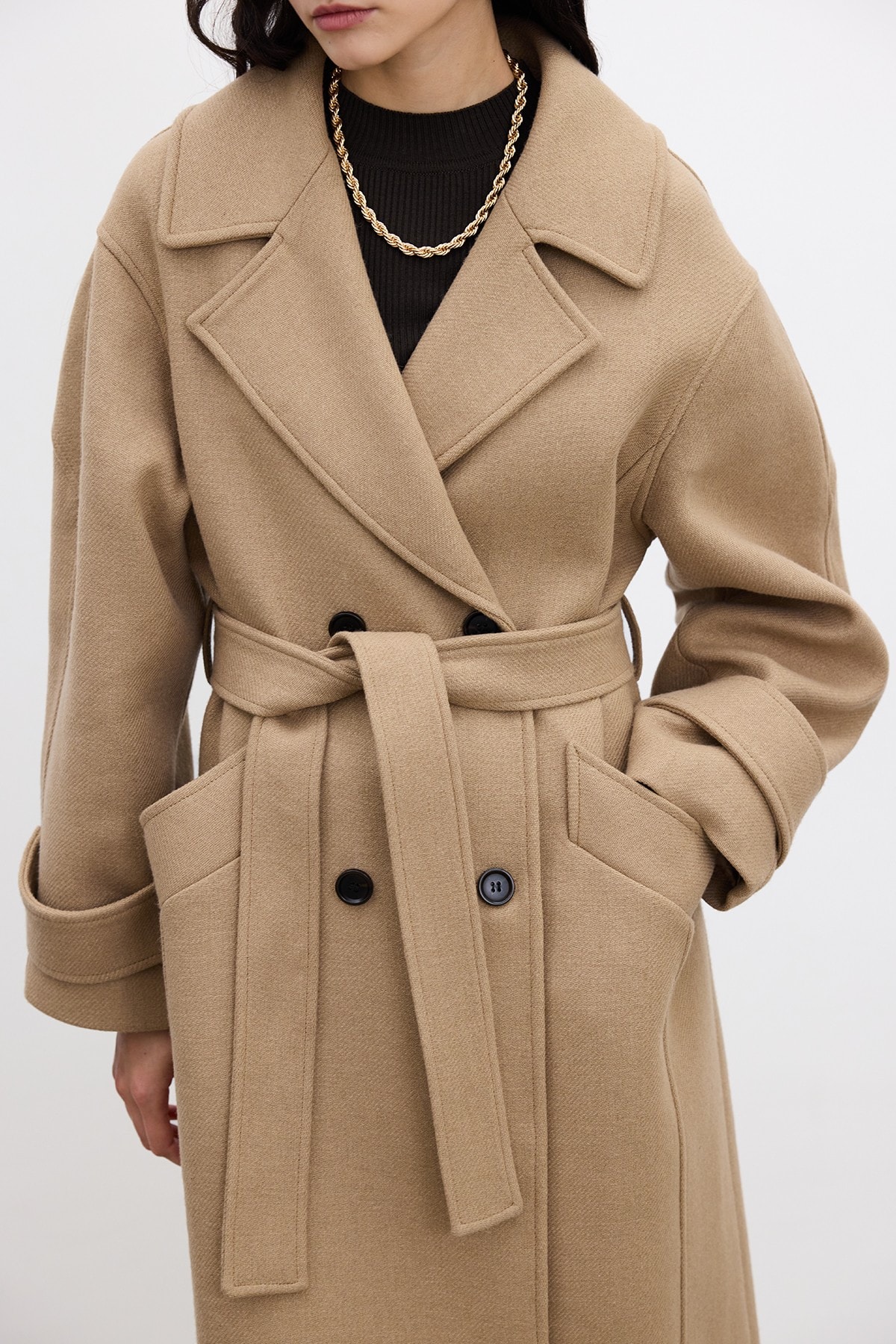 Kemerli Oversize Premium Kadın Kaşe Kaban - Camel