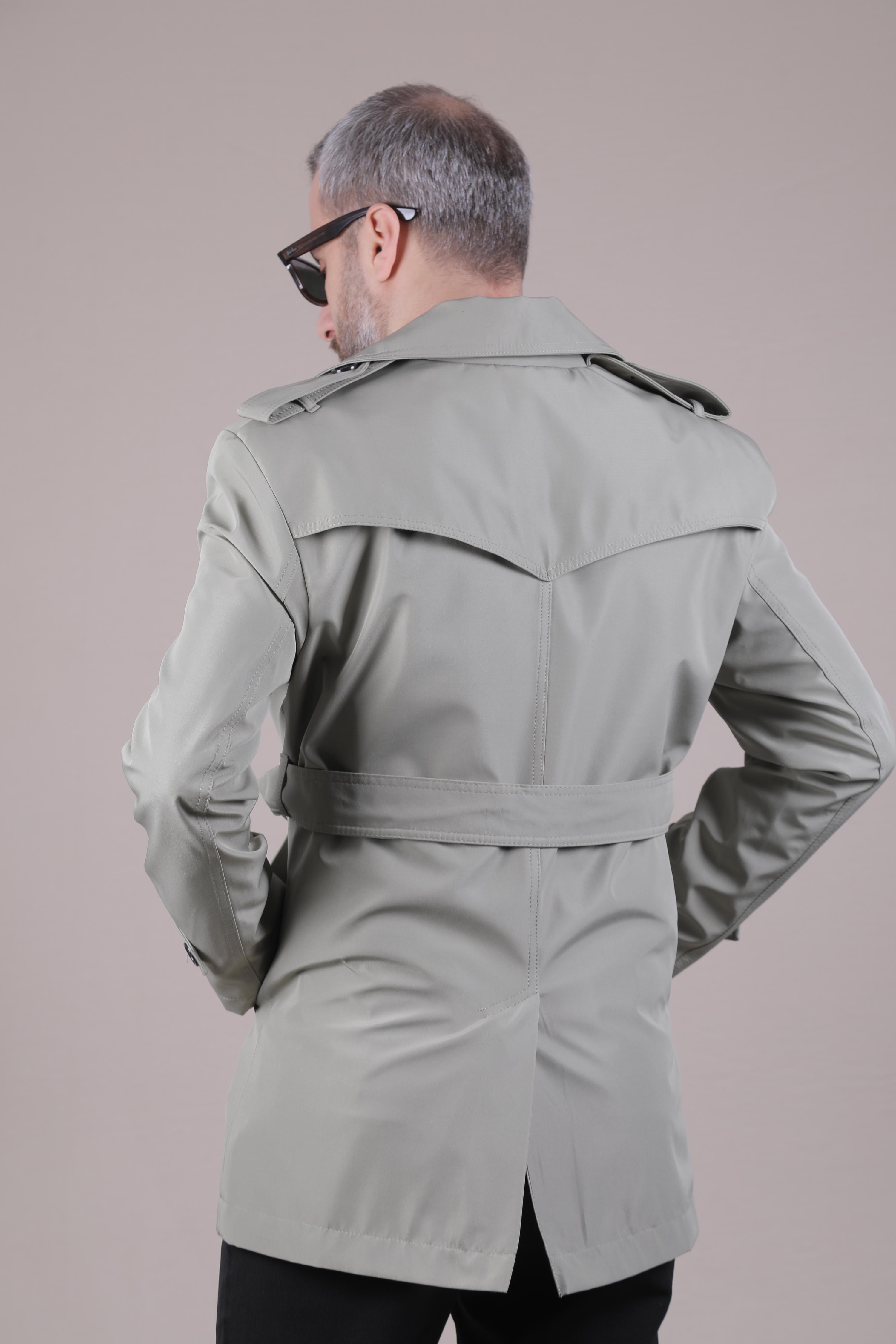 Slim Fit Kemerli Erkek Trençkot - Su Yeşili