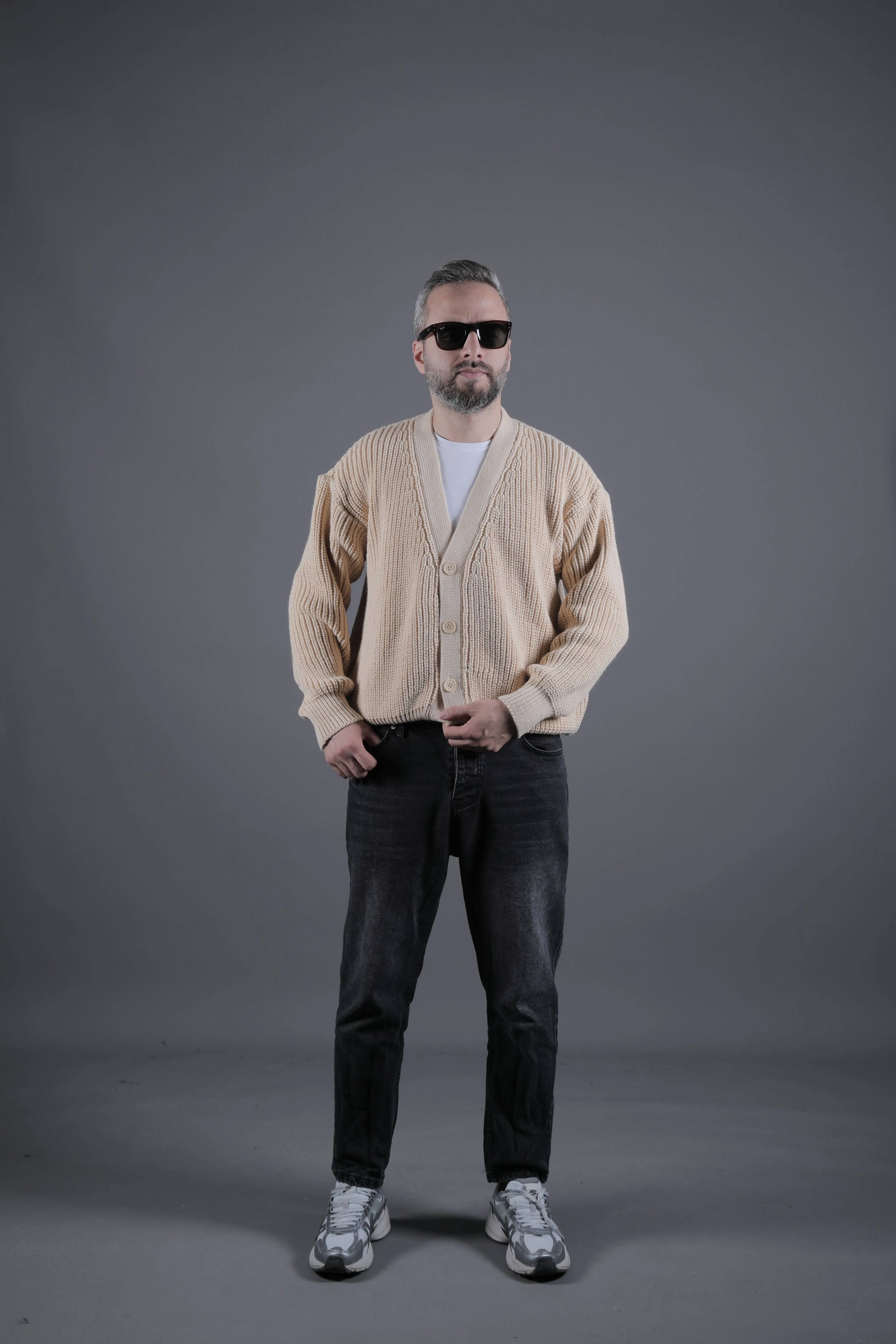 Dokulu Oversize Erkek Kalın Hırka - Krem