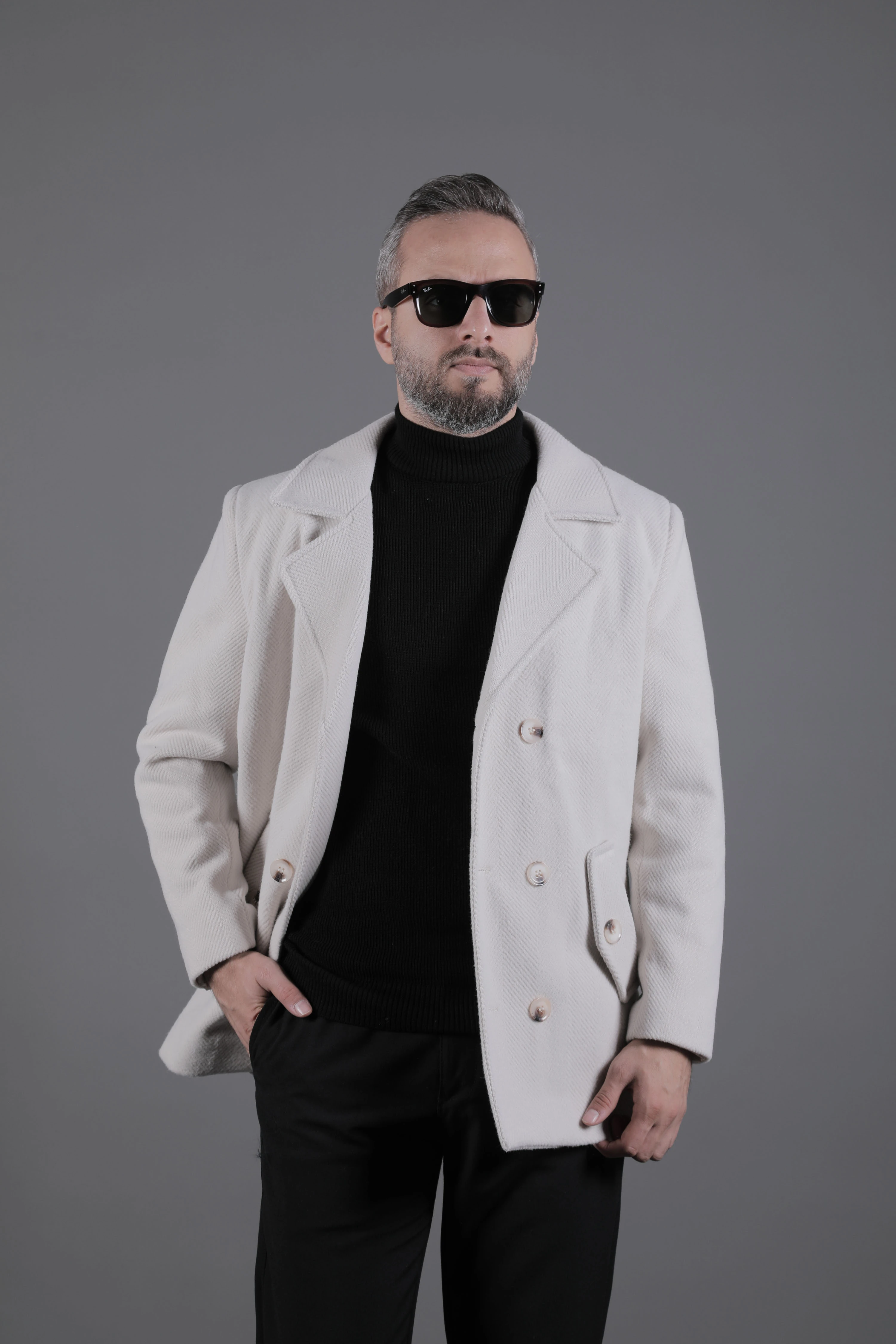 Desenli Kruvaze Erkek Kaşe Kaban - Bej